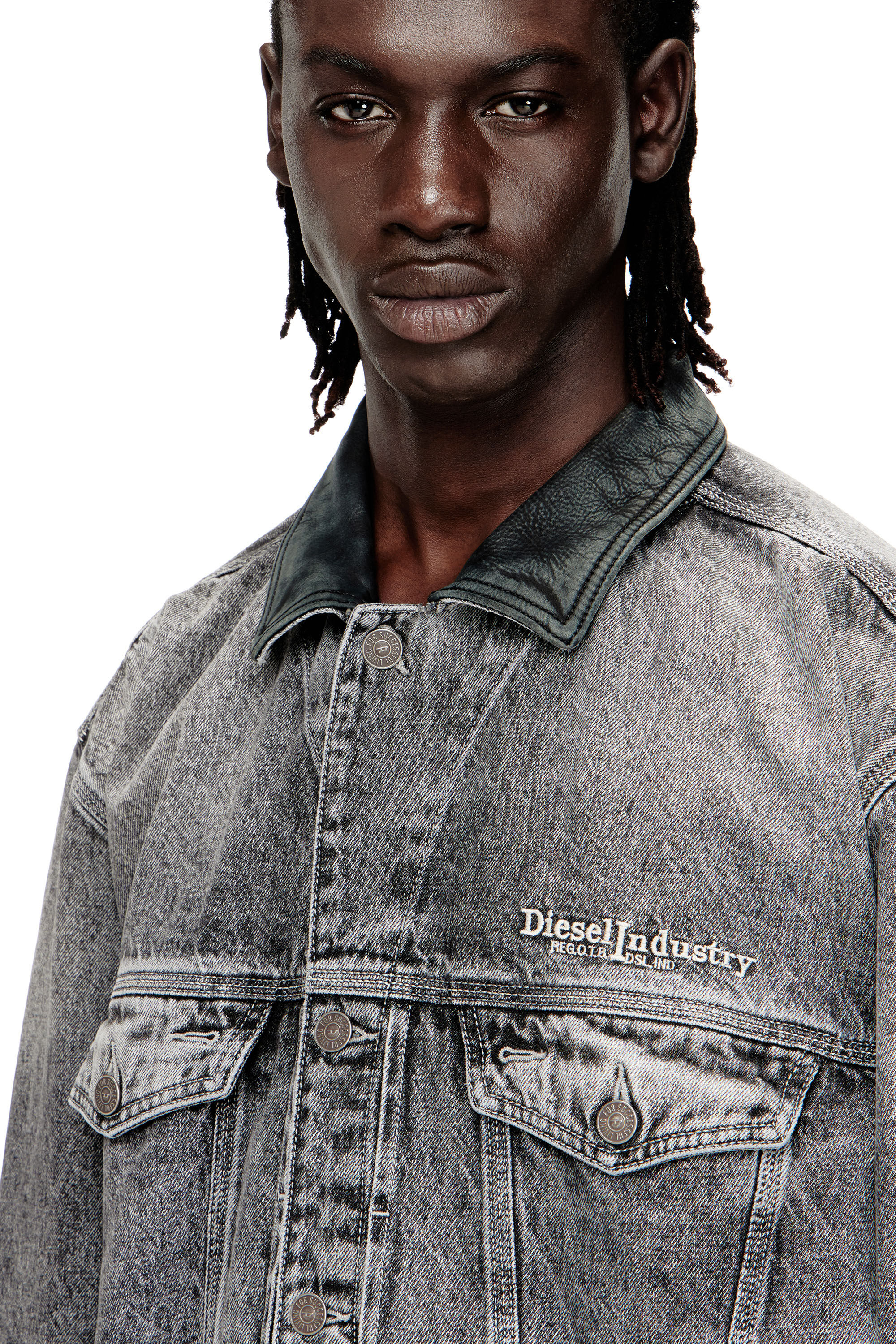 Women's Denim trucker jacket with tonal leather trims | Grey | Diesel