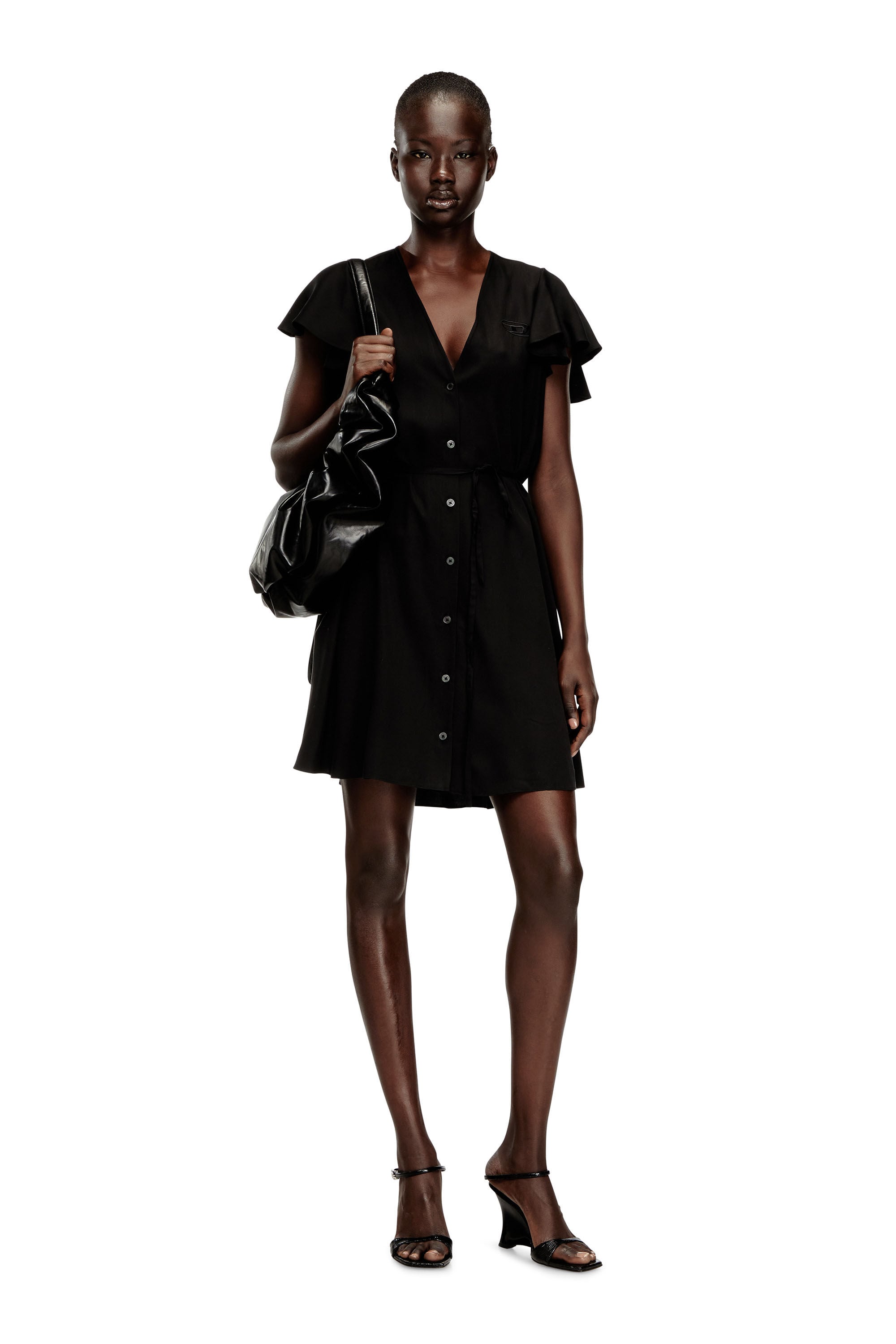 Women's Cupro dress with V-neck and front buttons | Black | Diesel