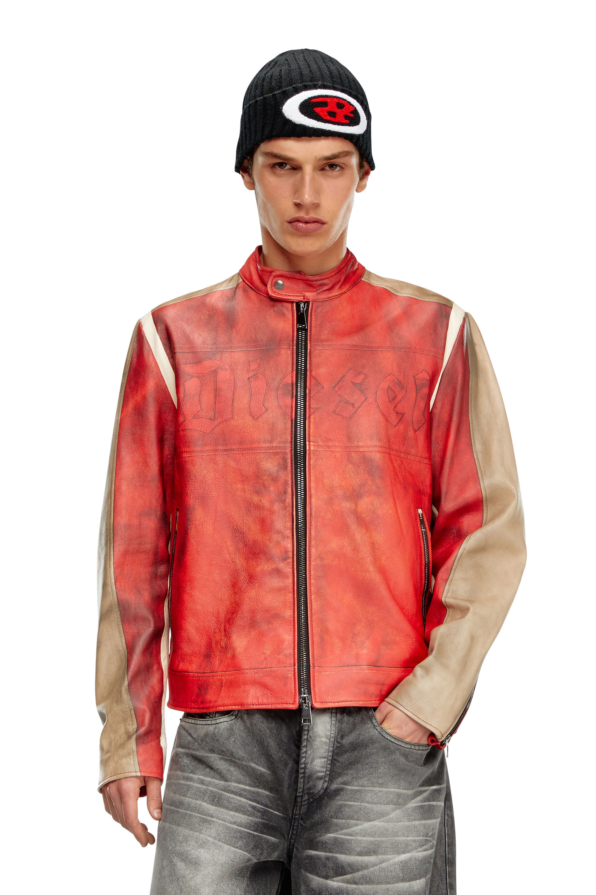 激安価格の Dirty-effect Men's leather Diesel | Red | jacket biker ジャケット・アウター