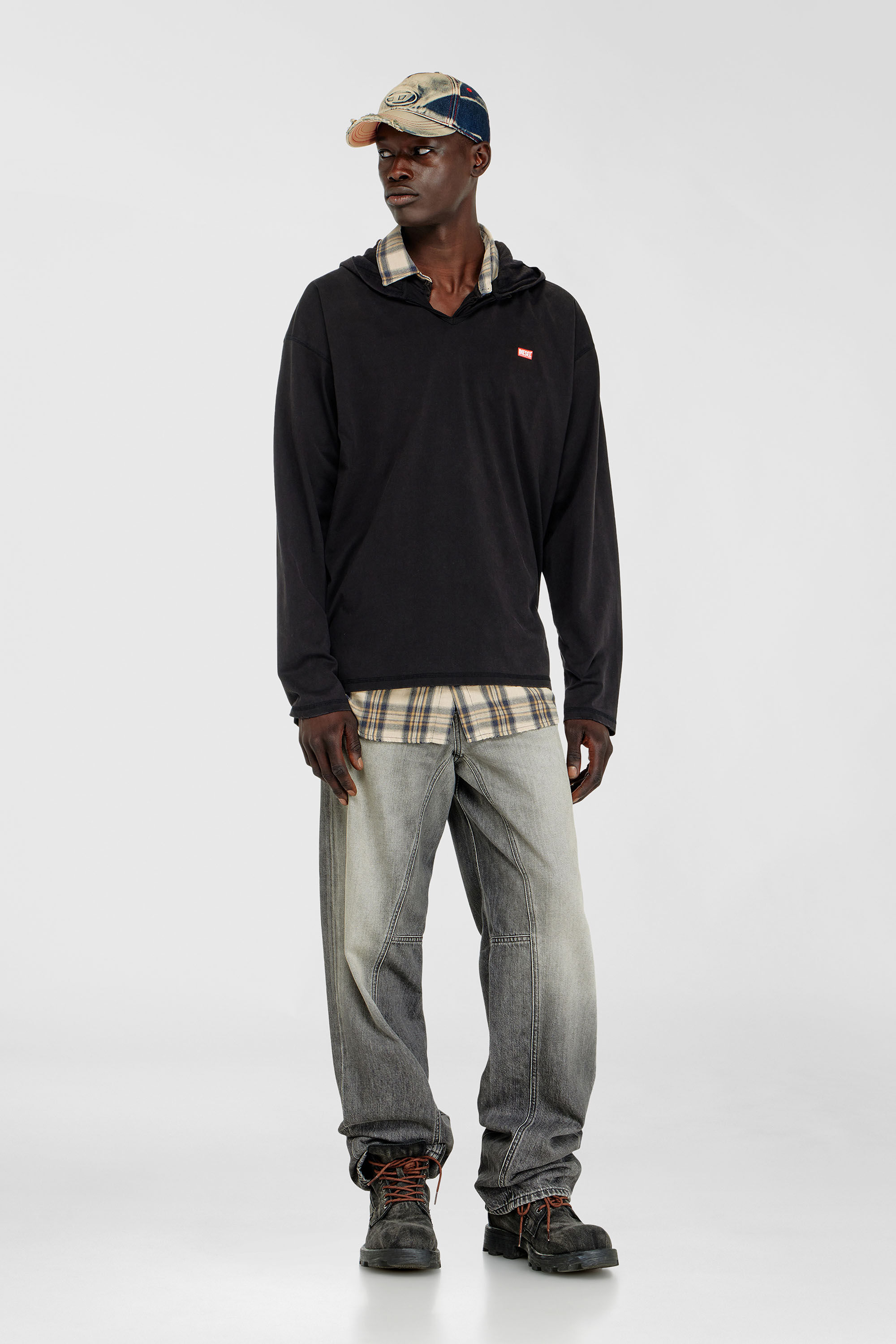 Men's Long-sleeve T-shirt with flannel hood | Black | Diesel TR