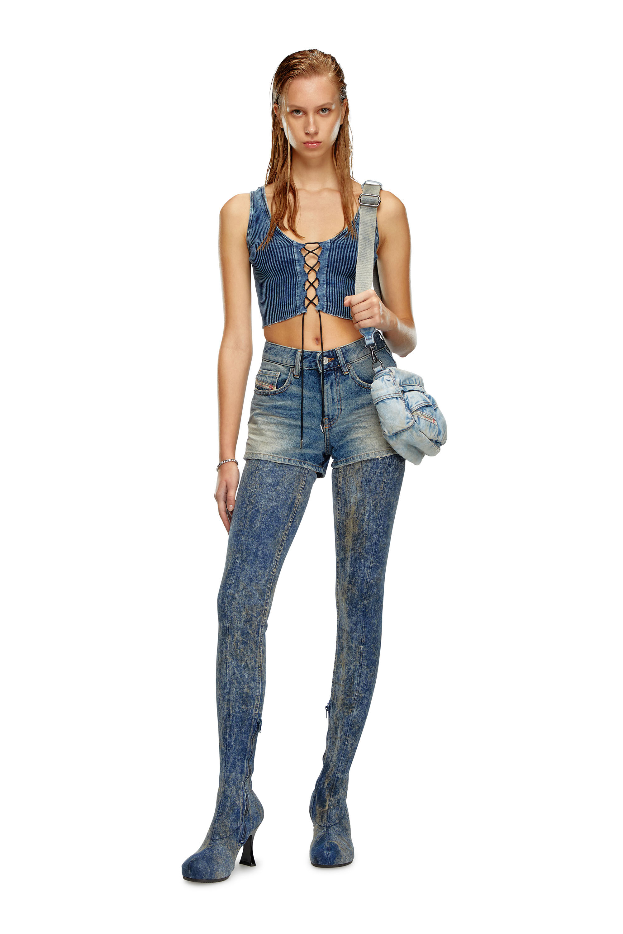 Women's Cropped lace-up tank top in indigo knit | Blue | Diesel