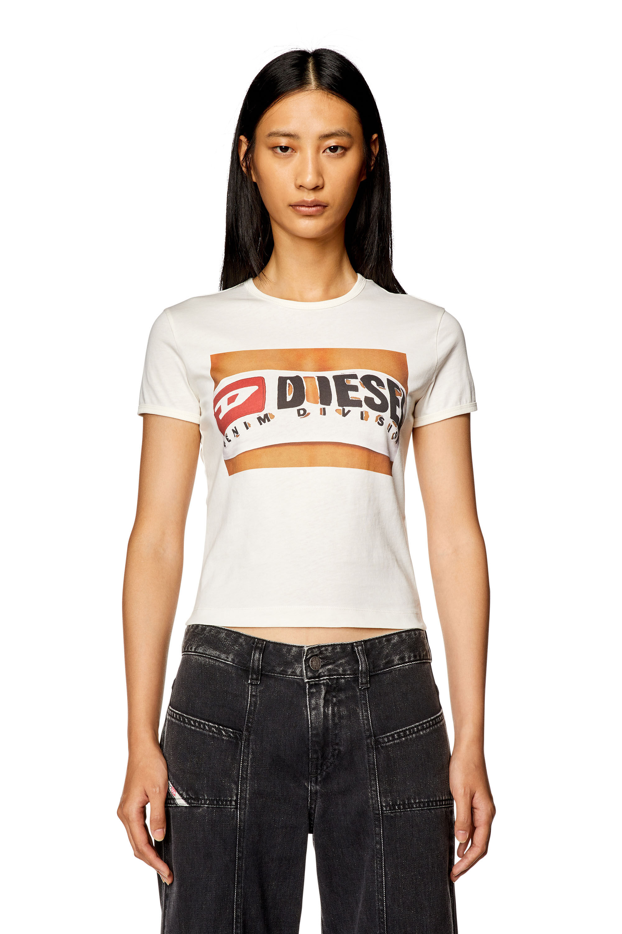 Diesel - T-UNCUTIE-LONG-N17, Woman's T-shirt with Diesel bandeau print in White - 2
