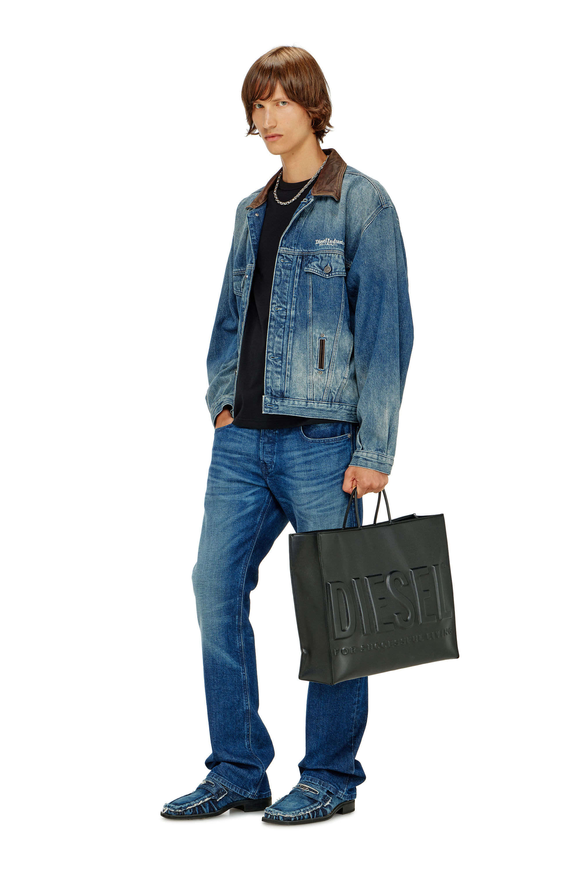 Women's Denim trucker jacket with contrast leather trims | Blue