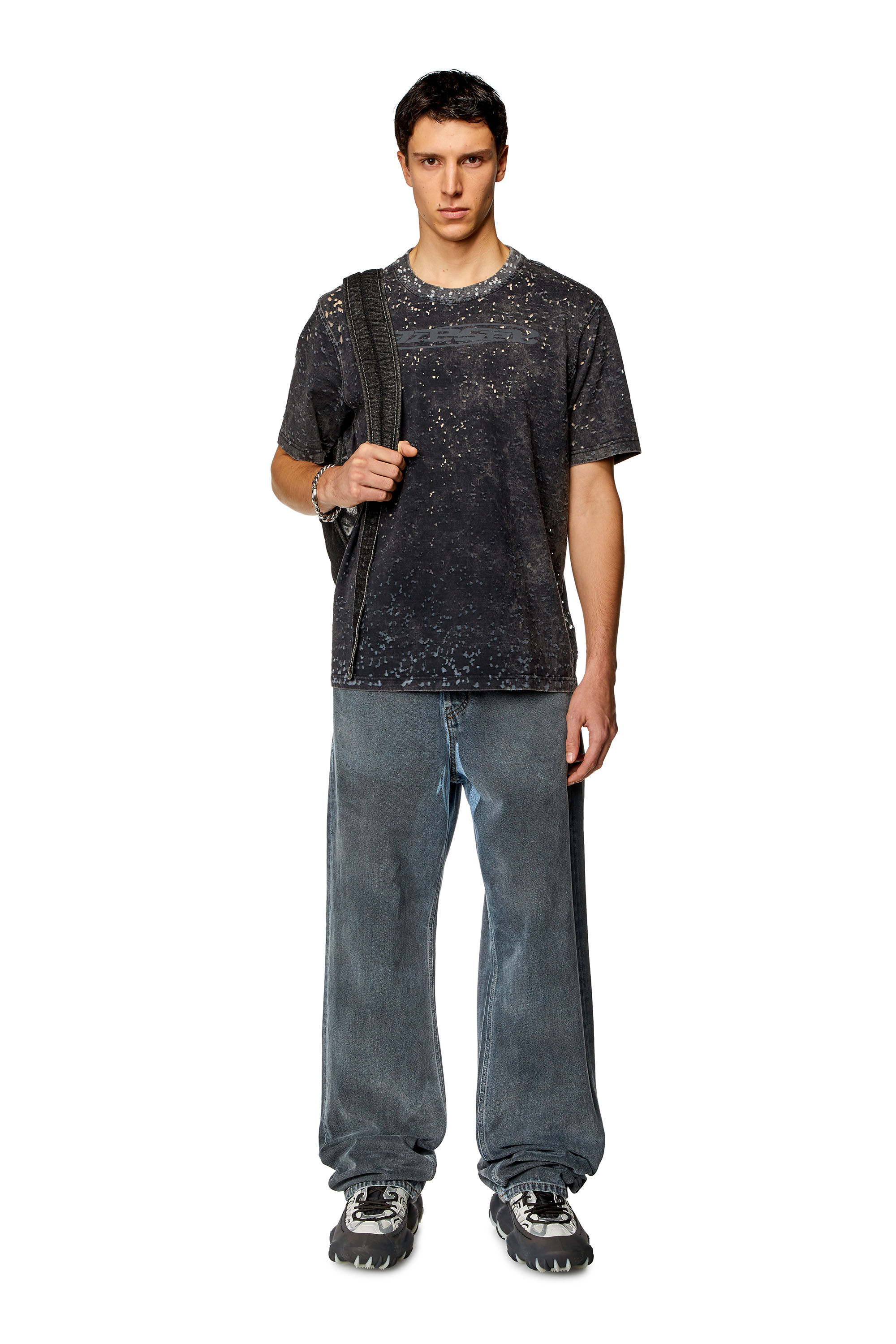 Diesel - T-JUST-SLITS-N15, Man's T-shirt in burn-out jersey in Black - 1