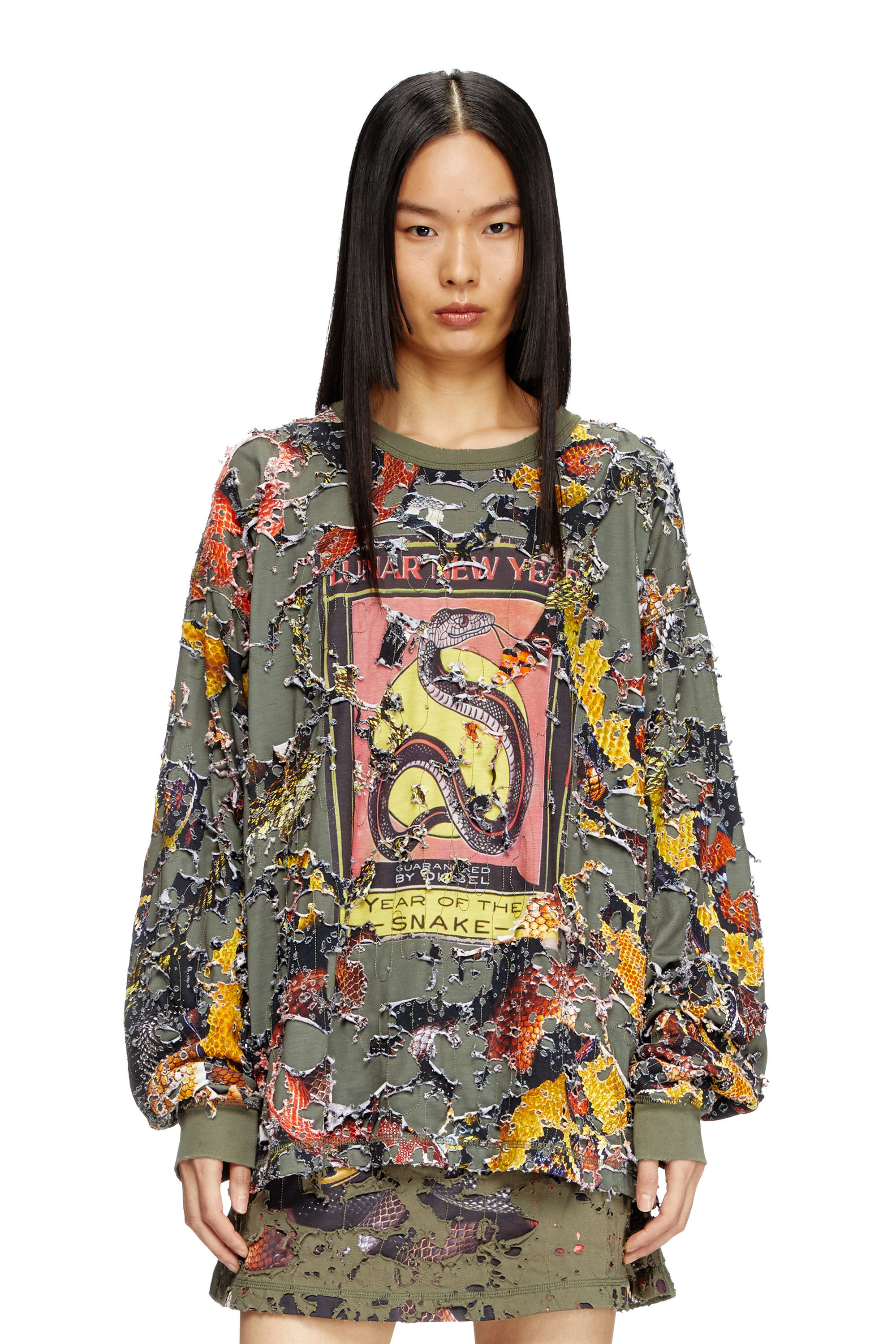 Diesel - CL-T-BOXT-LS-DEVOR-SNAKE, Unisex's Destroyed snake-print long-sleeve T-shirt in Olive Green - 5