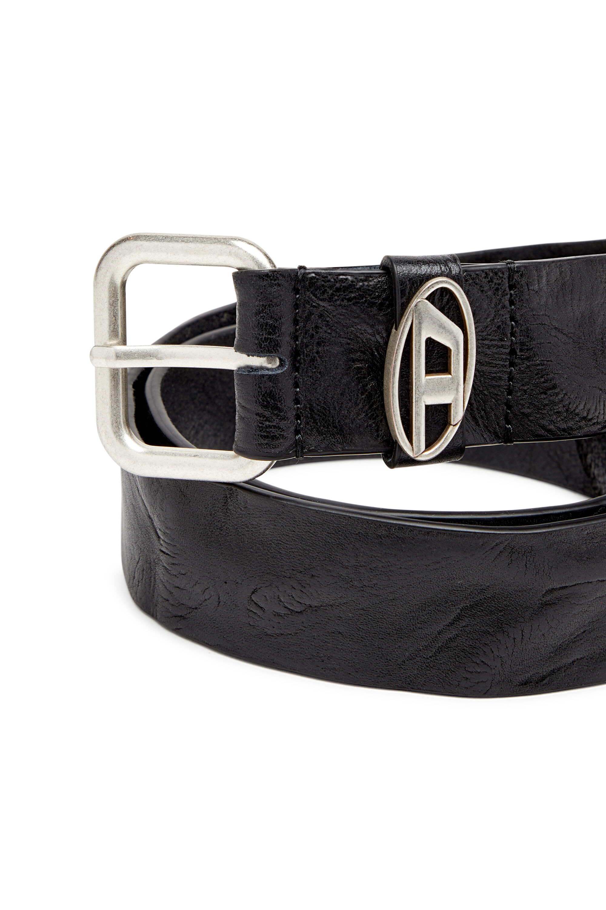 Diesel - B-1DR OVAL D LOOP, Unisex's Logo-plaque wrinkled leather belt in Black - 3