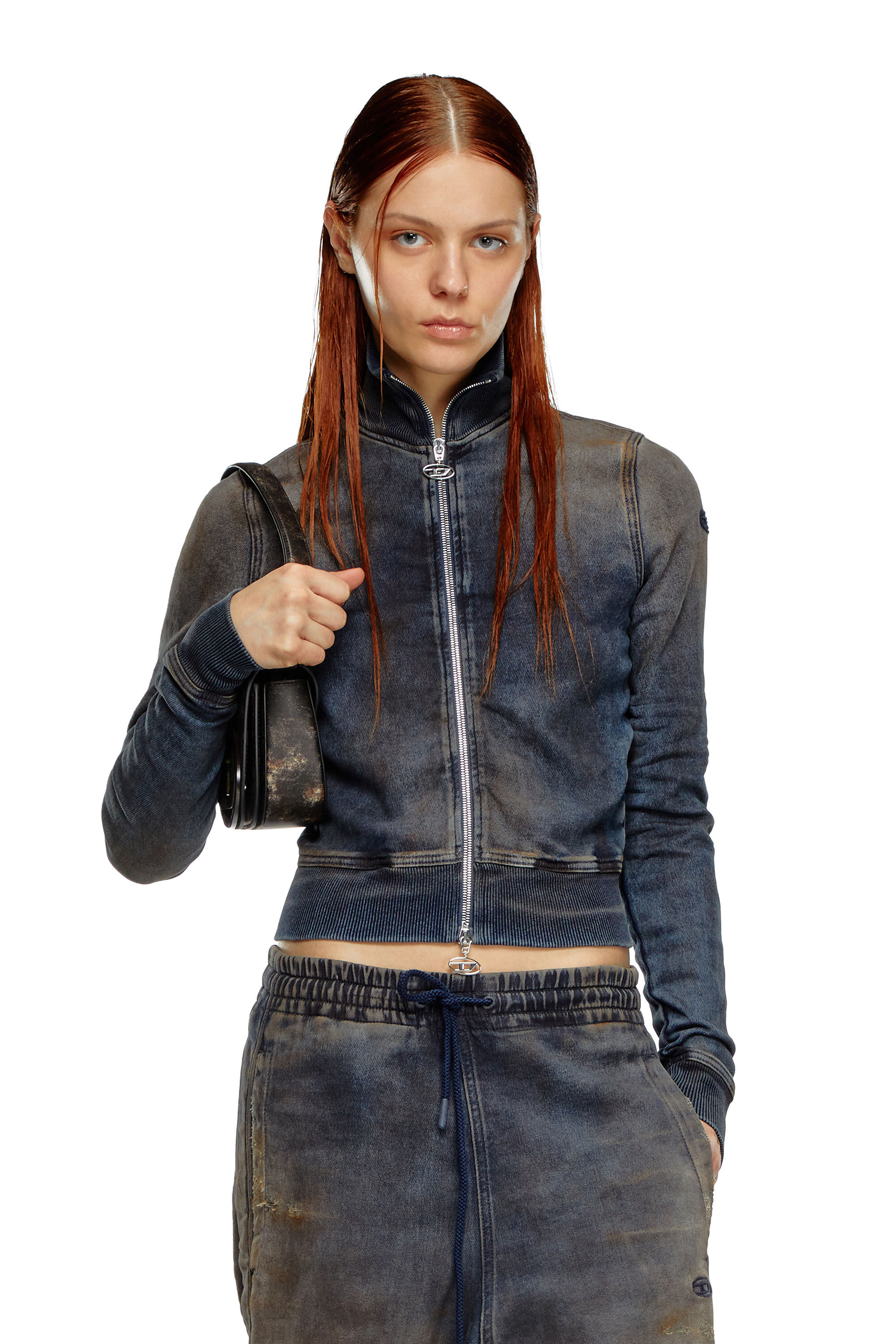 Women s Zip up sweatshirt in distressed Track Denim Blue Diesel