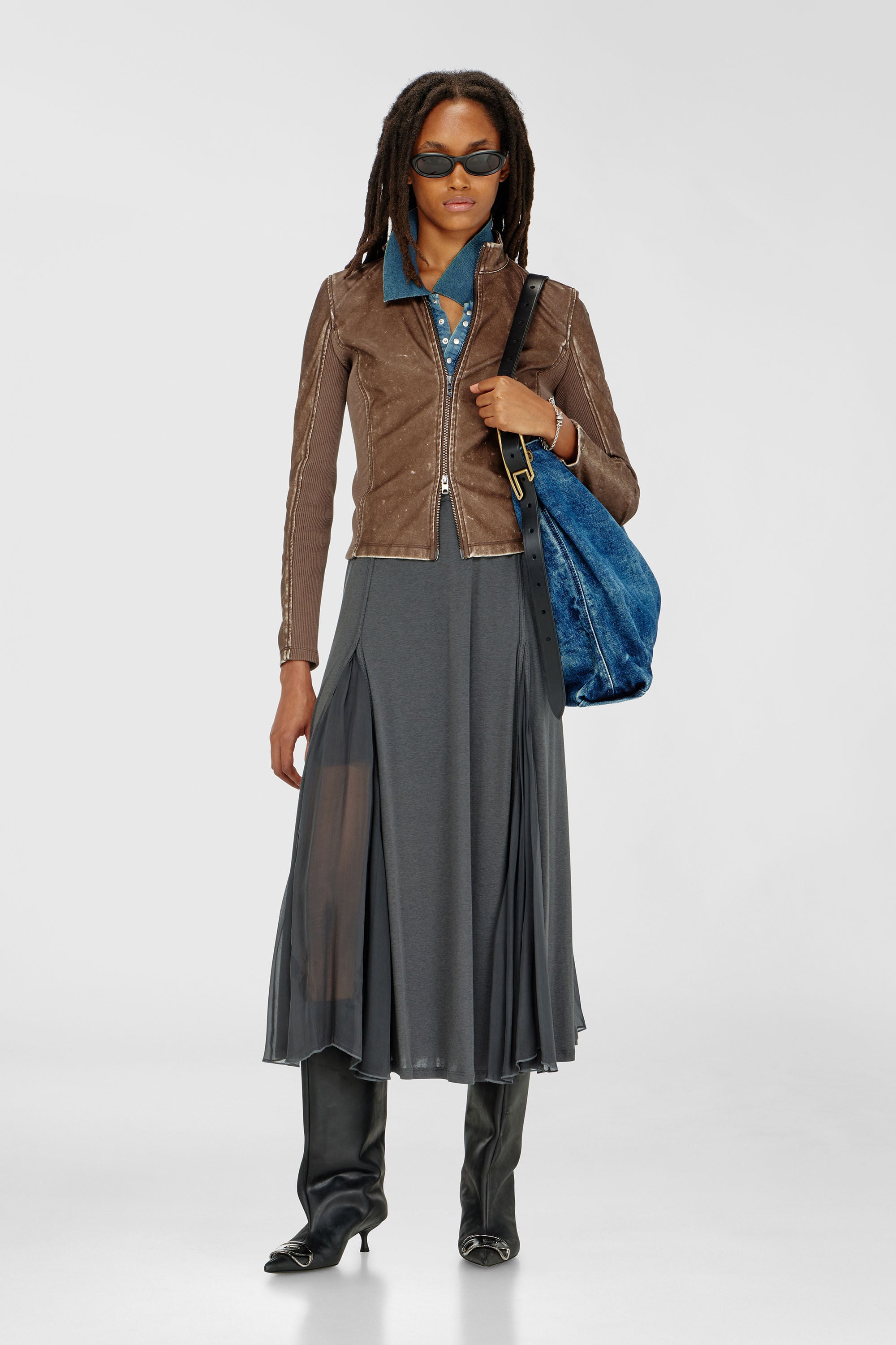 Women's Midi skirt in ribbed jersey and chiffon | Grey | Diesel