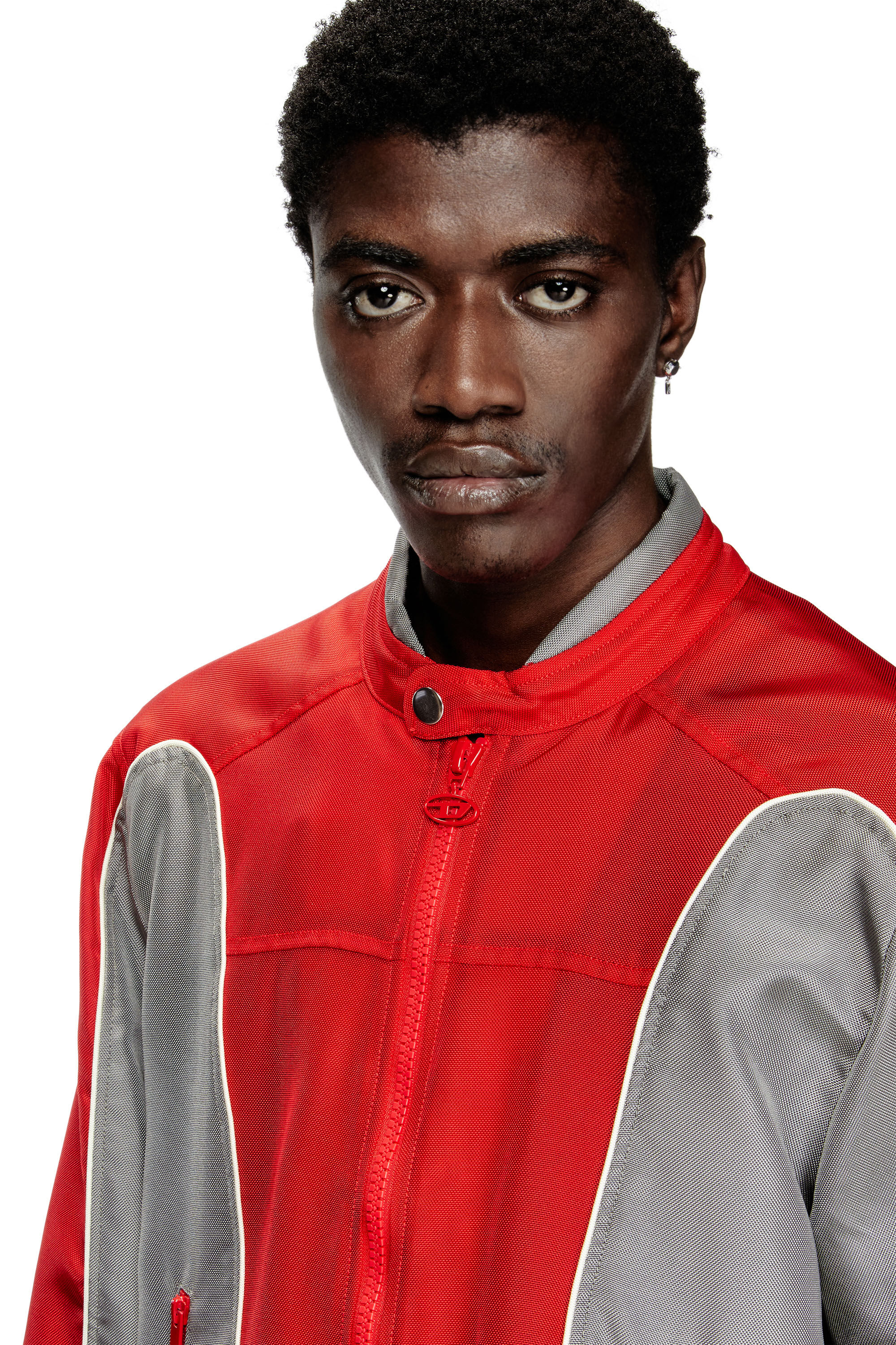 Diesel - J-BLINK-A, Man's Colour-block biker jacket with piping in Red/Grey - 5