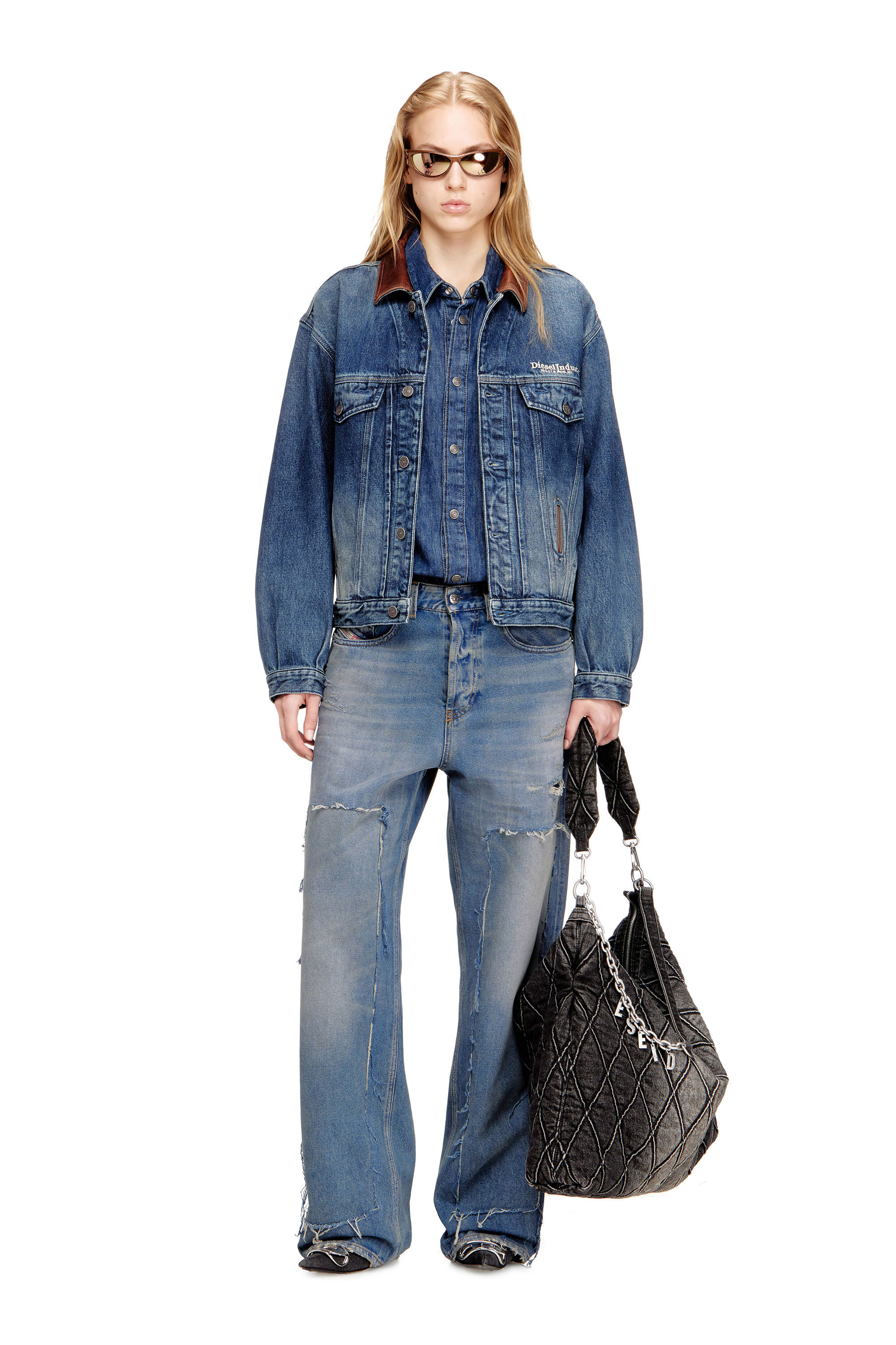 Women's Denim trucker jacket with contrast leather trims | Blue