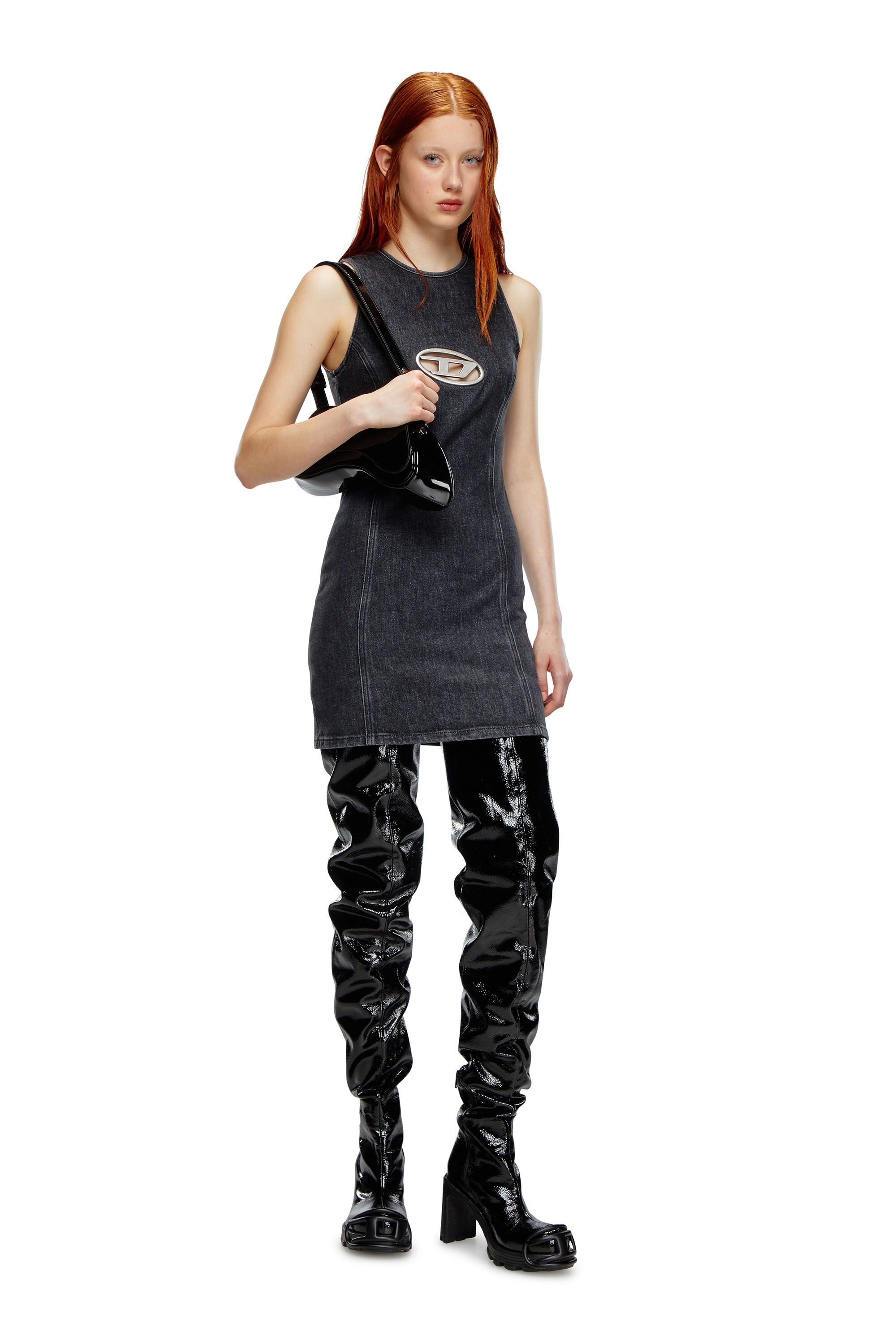 Women's Denim mini dress with Oval D plaque | Black | Diesel