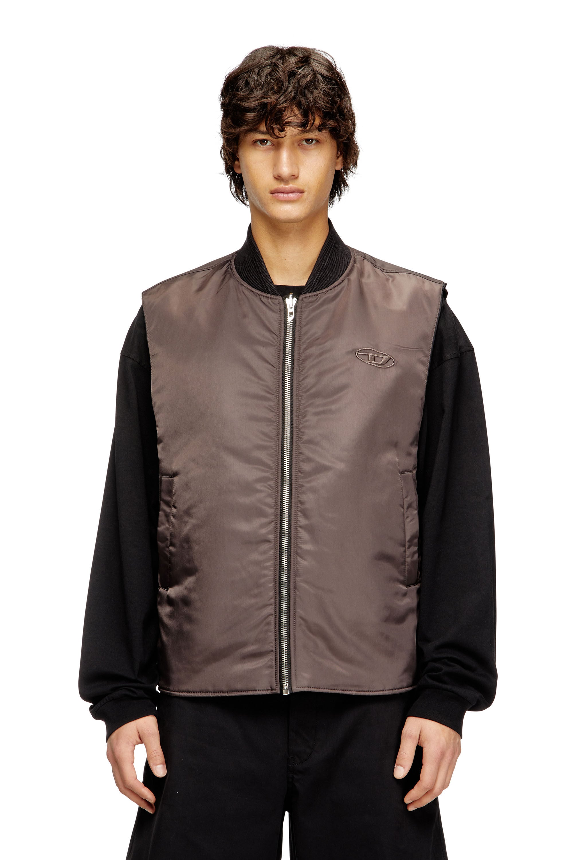 Men's Padded satin vest with Oval D embroidery | Black | Diesel TR