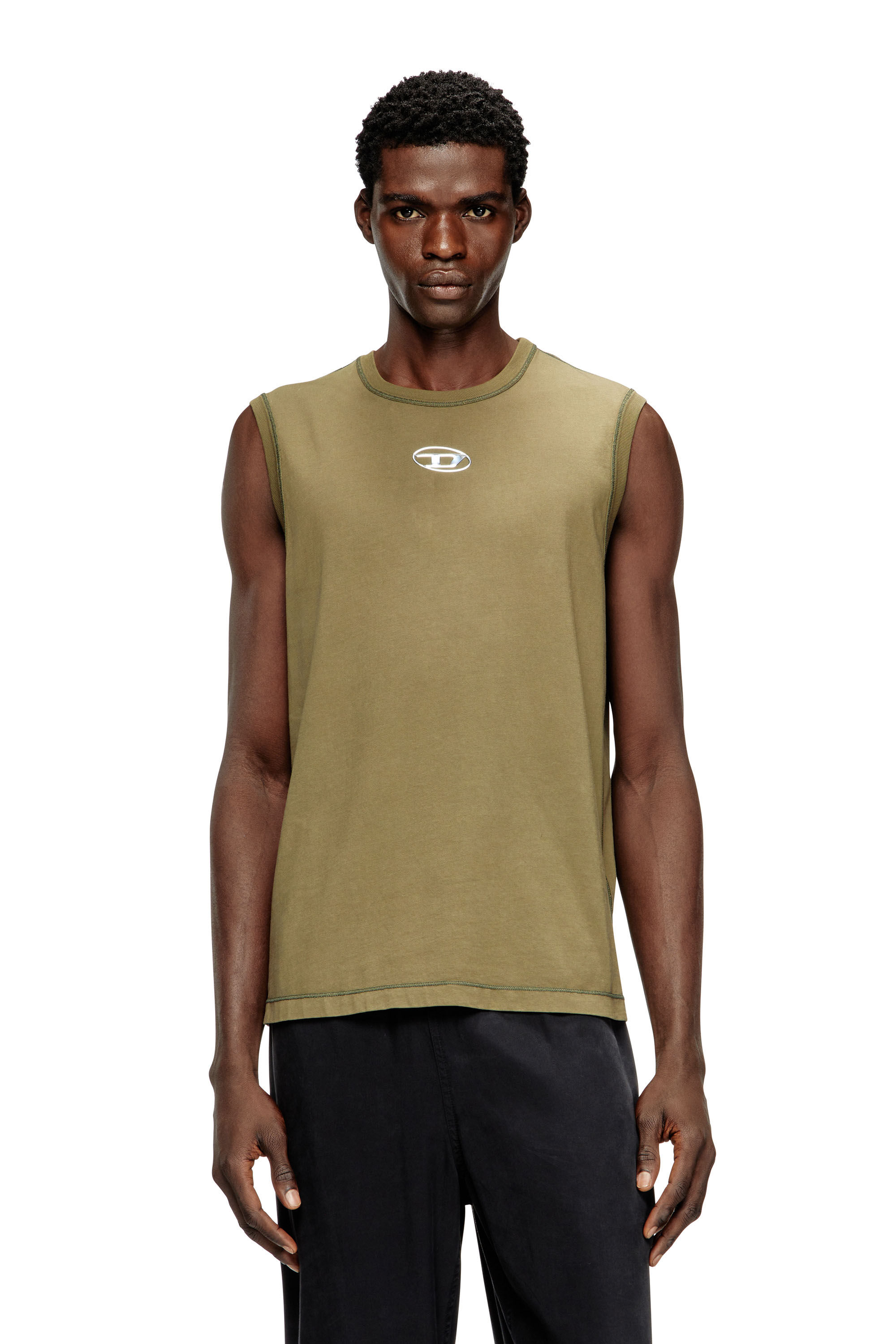 DIESEL オーバル メタルDロゴ シャイニータンクトップ T-LYNYS-OD Tank top with cut-out Oval D logo｜ホワイト｜ウィメンズ