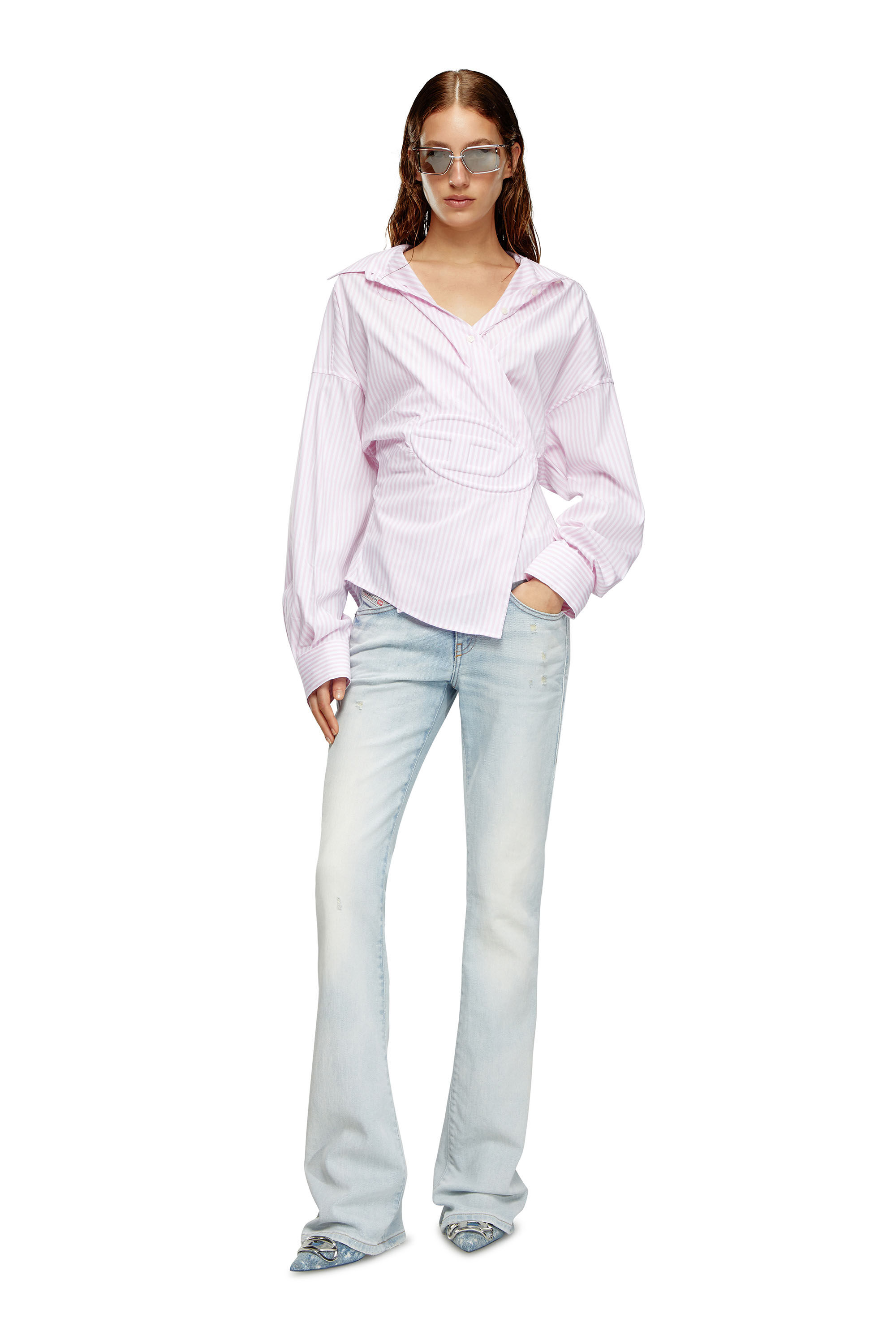 Women's Striped wrap shirt with embossed logo | Pink | Diesel