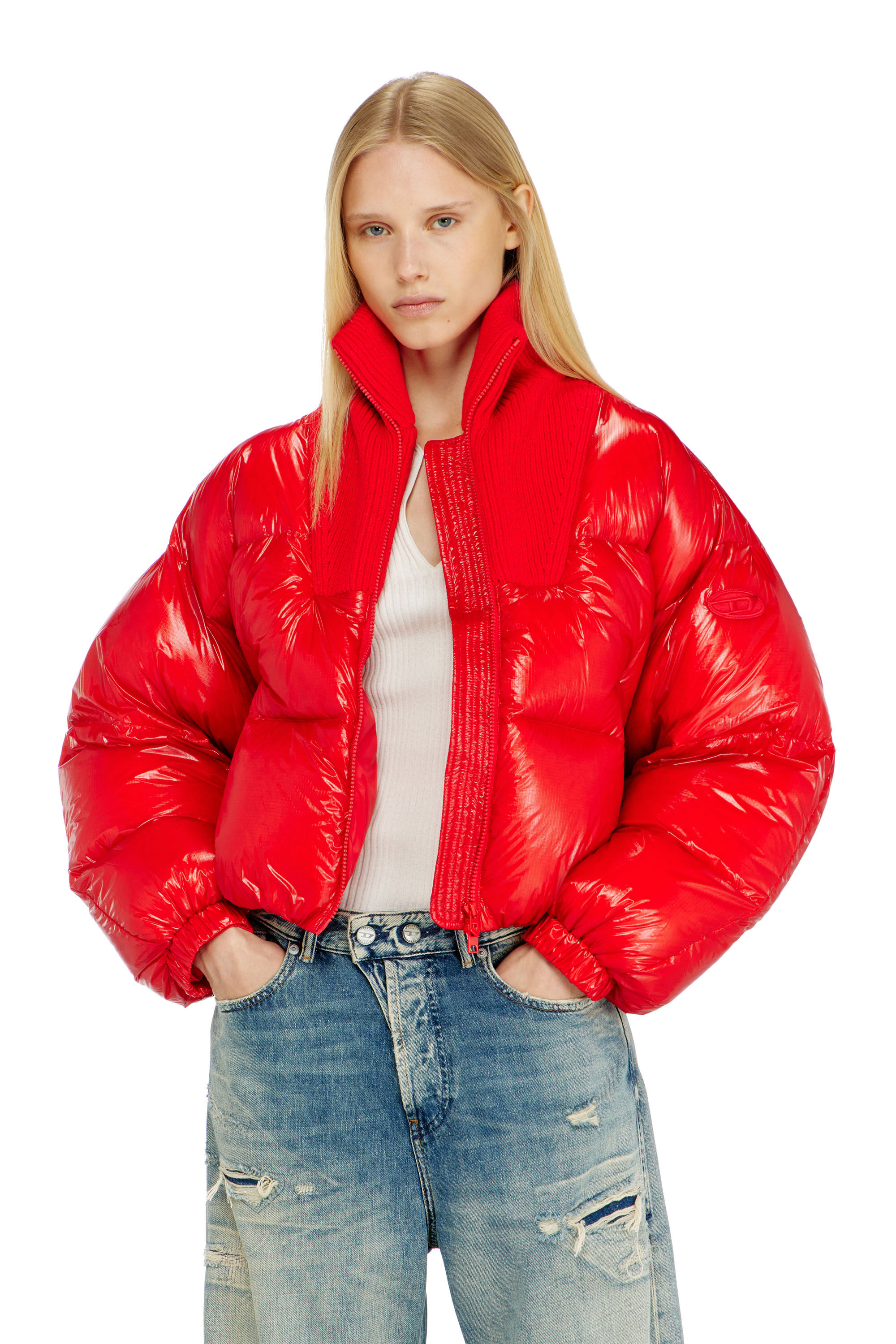 Diesel - W-ARRIOR, Woman's Down puffer jacket in ripstop with knitted collar in null - 3