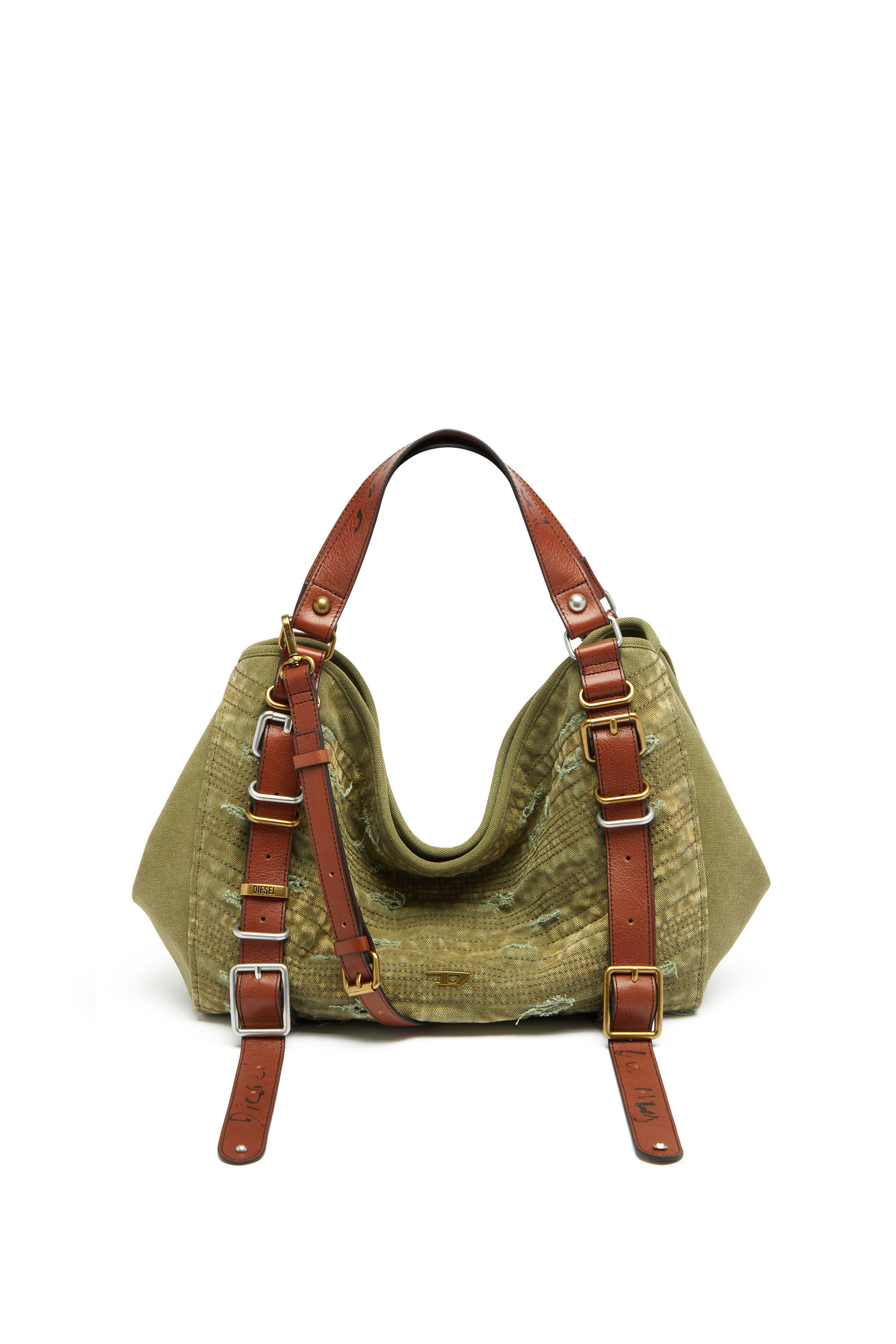 DIESELハンドバッグ Women's D-One-Medium top-handle bag in distressed canvas | Green