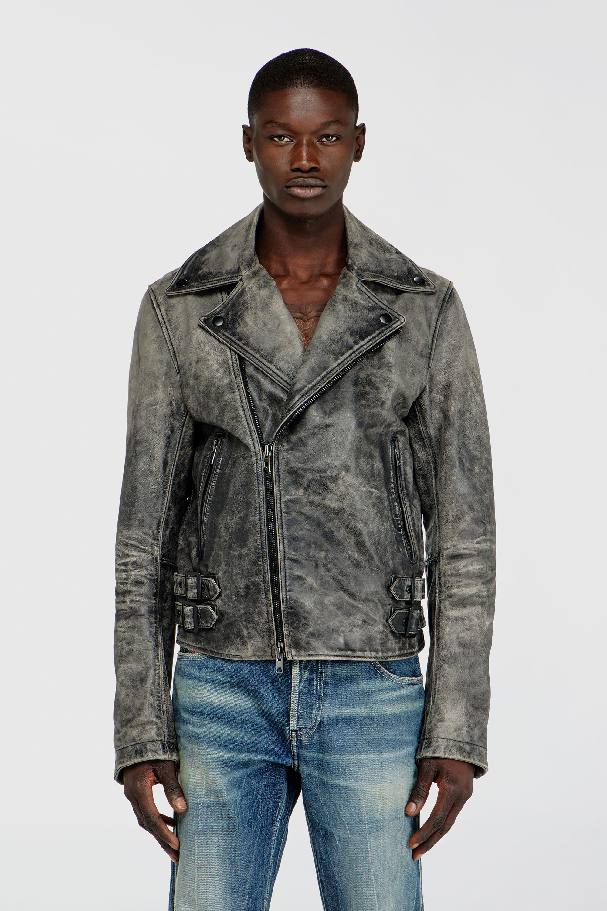 Men's Biker jacket in treated leather | Grey | Diesel TR