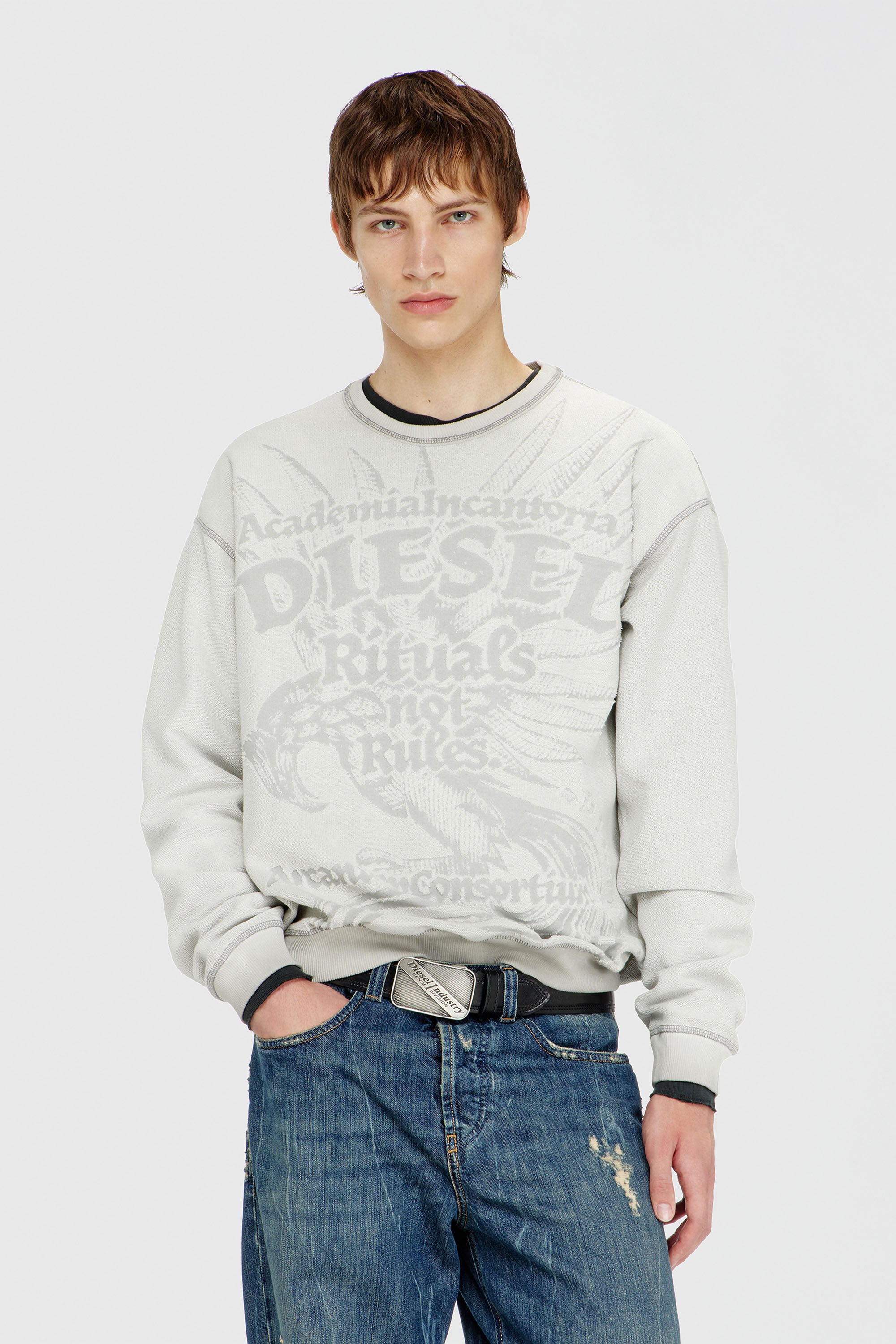 Diesel - S-ARON-RAW, Man's Sweatshirt with d&eacute;vor&eacute; print in Light Grey - 3