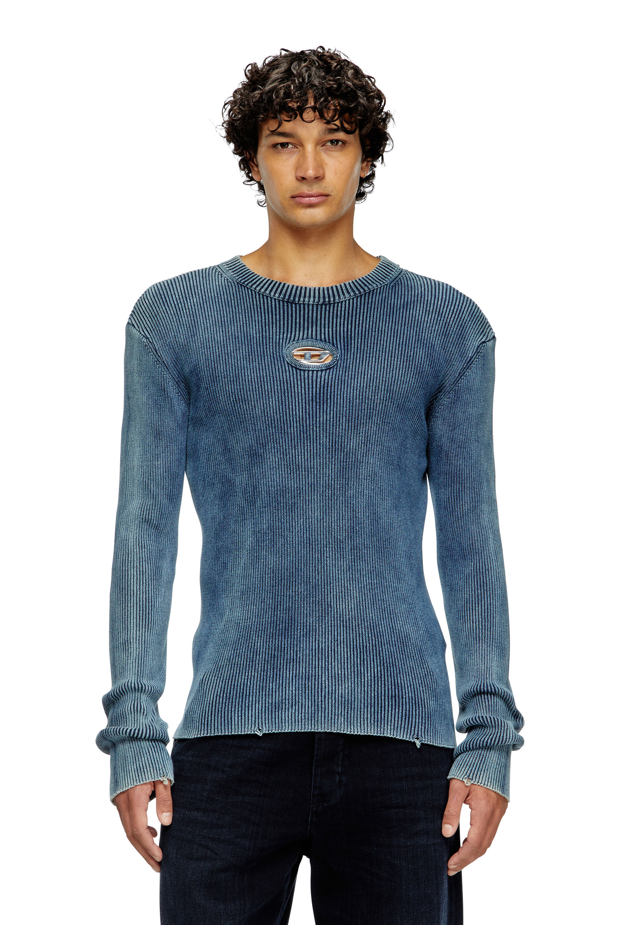 Men's Distressed jumper with cut-out logo | Blue | Diesel