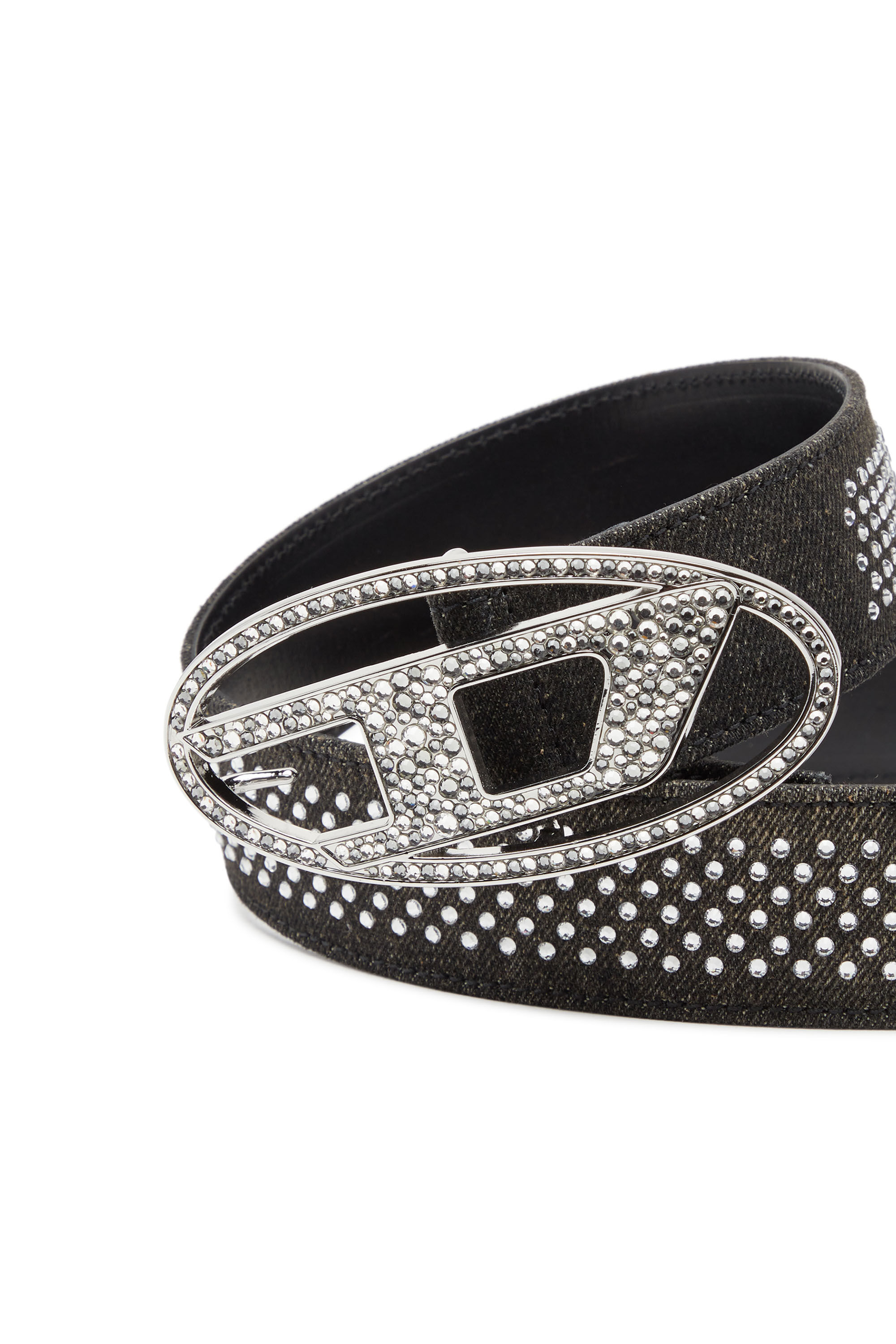 Women's Denim and leather belt with rhinestones | Black | Diesel