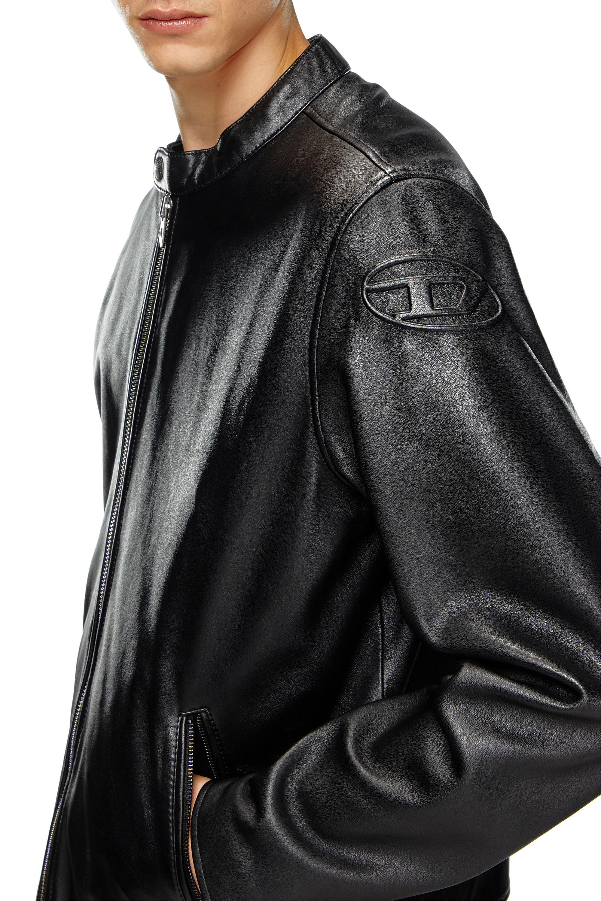 Men's Leather biker jacket with embossed logo | Black | Diesel