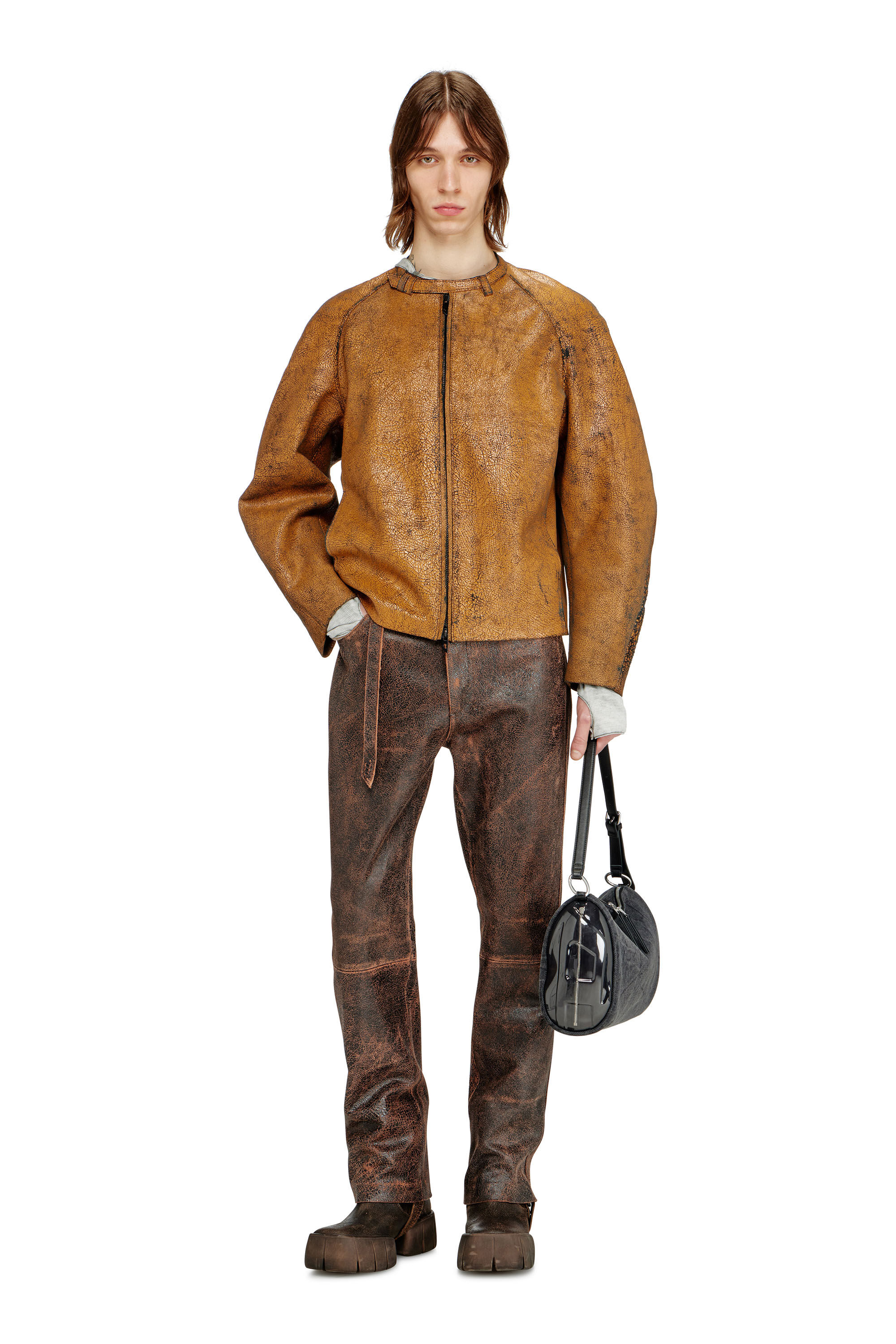 Men's Cocoon-sleeve biker jacket in cracked leather | Brown | Diesel