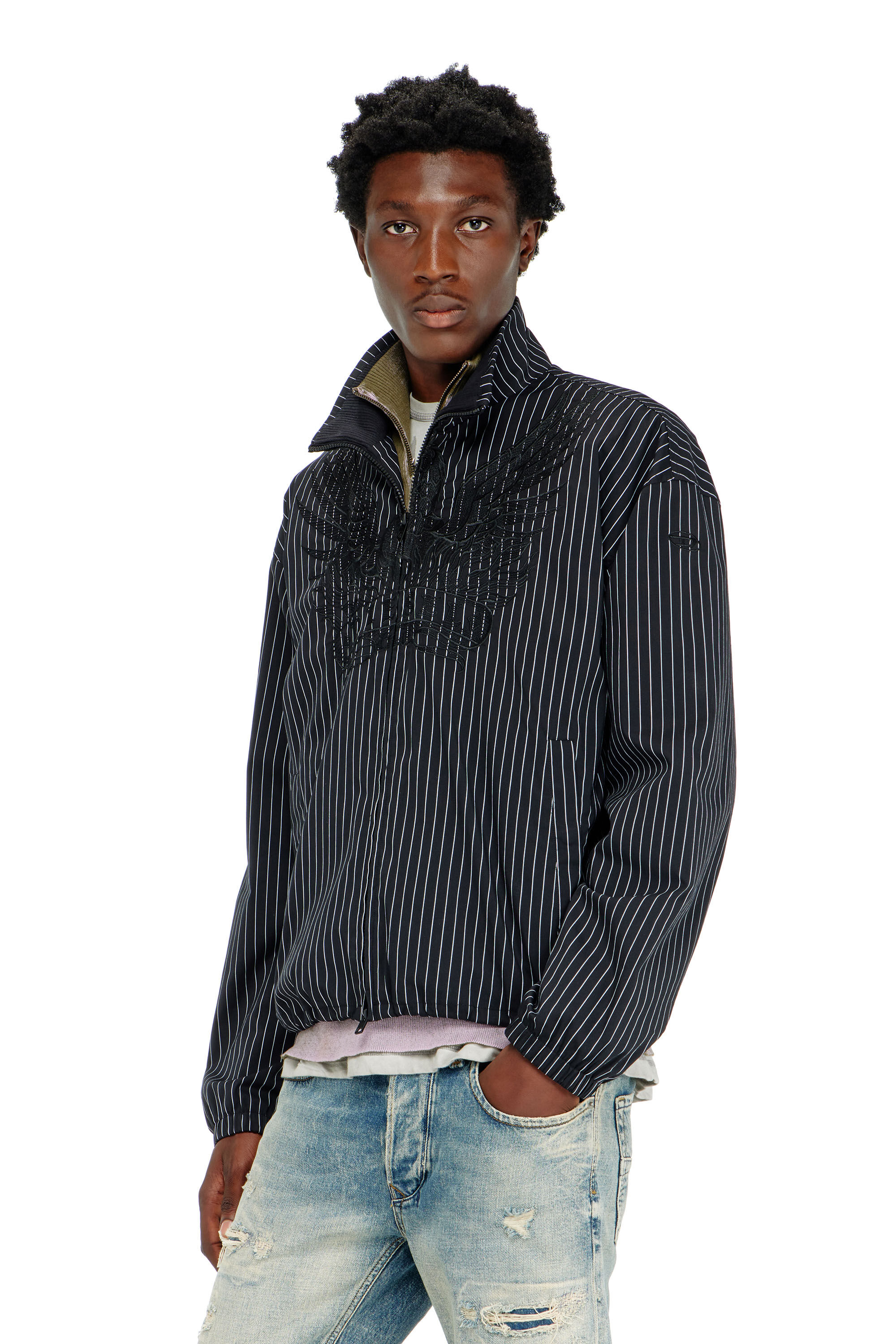 MORTAR JAKET STRIPE BLACK シェルジャケット Men's Nylon pinstripe Jacket with Phoenix embroidery | Black