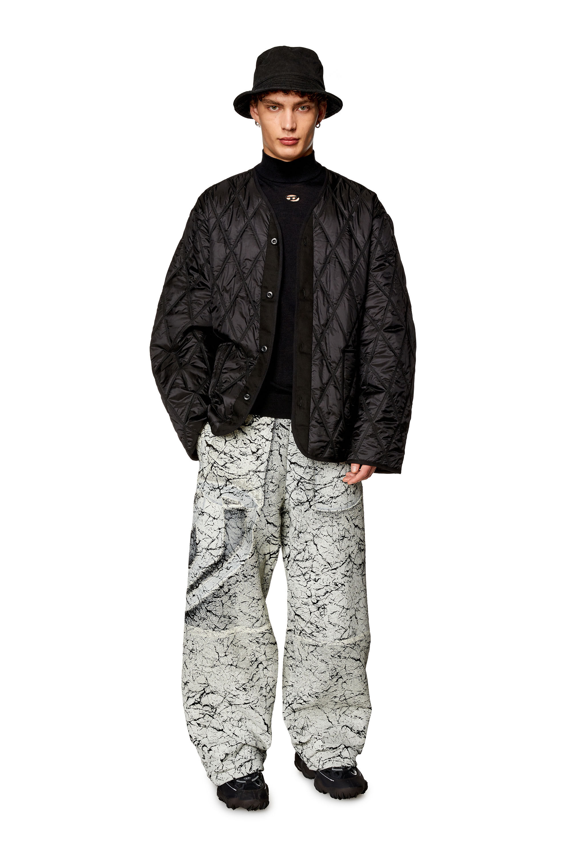 Men's V-neck jacket in quilted nylon | Black | Diesel