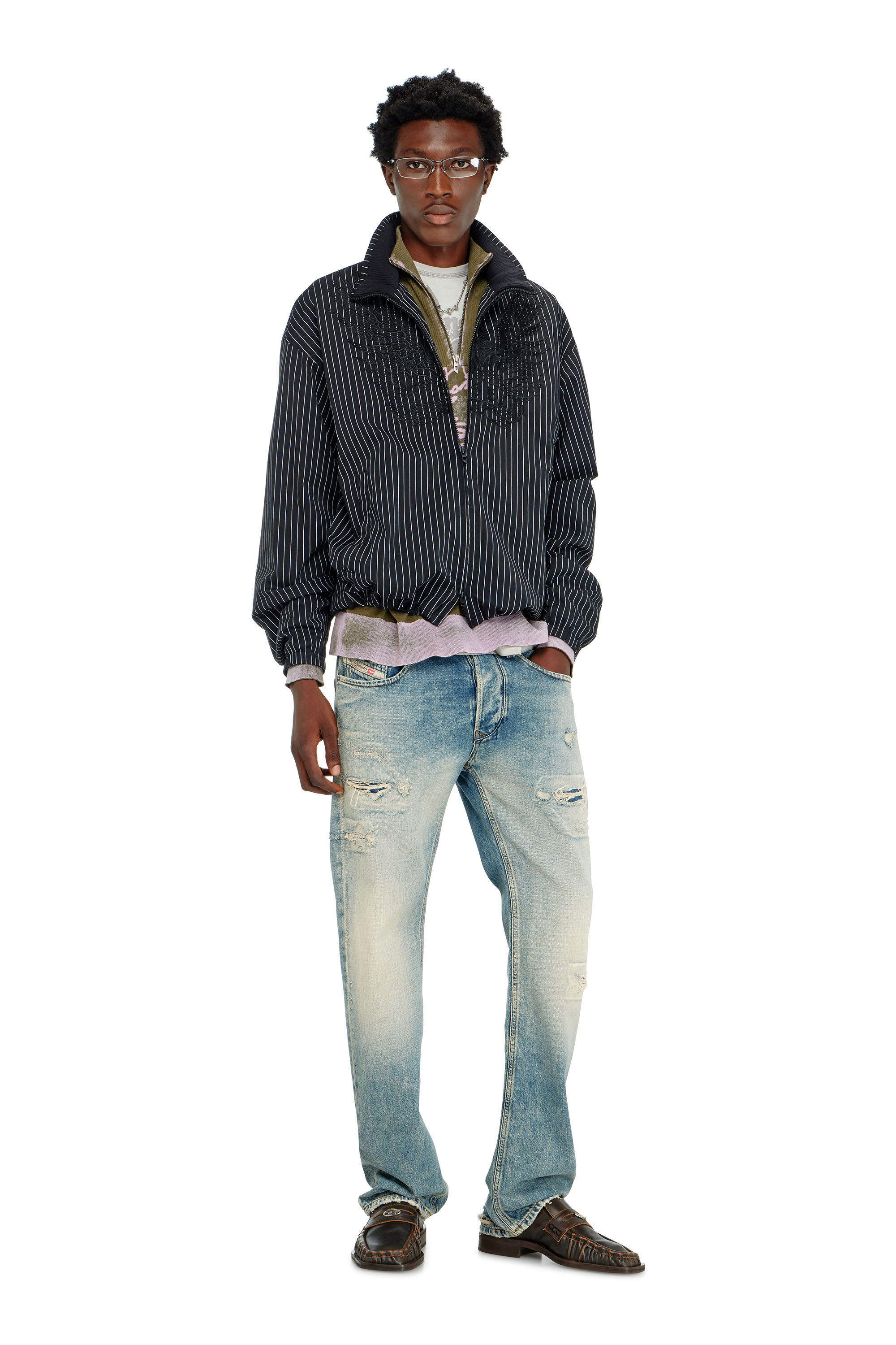 【DIESEL】ブルゾン Men's Nylon pinstripe Jacket with Phoenix embroidery | Black