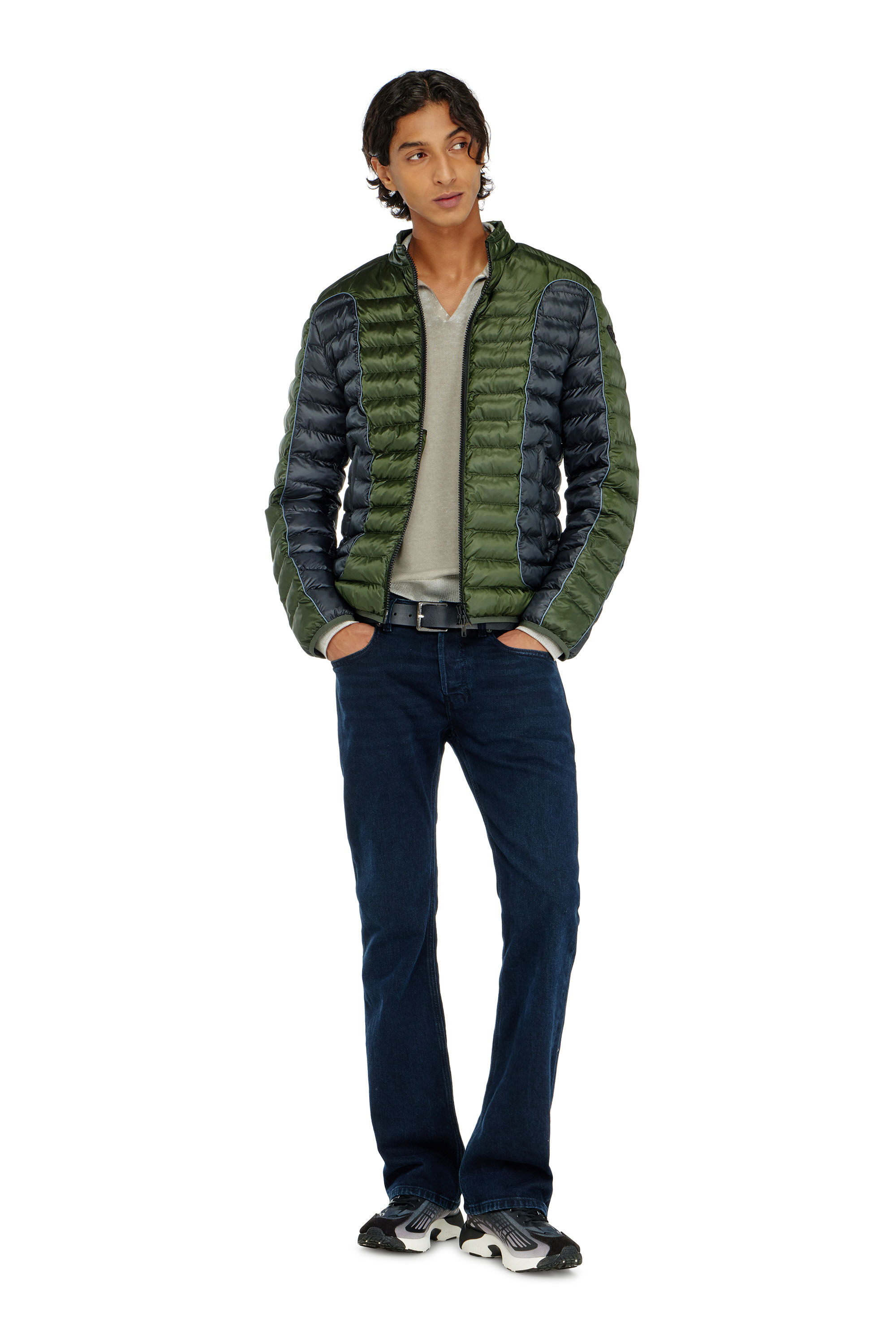 Diesel - W-PILOT-BLOCK, Man's Biker-style puffer jacket with colour-block design in Grey/Green - 1