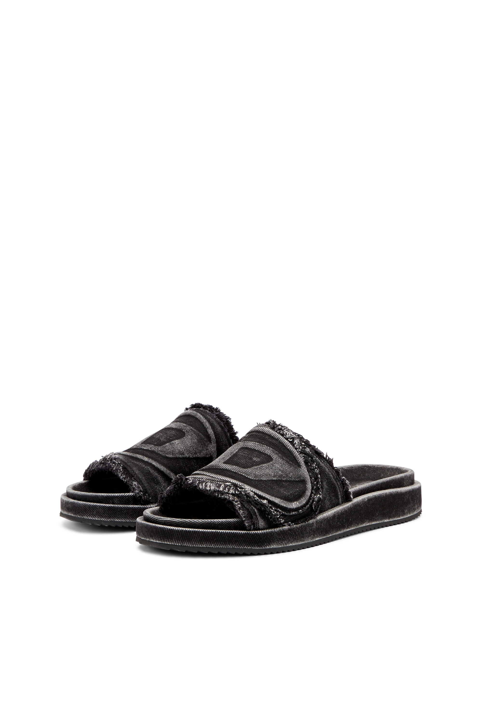 ★DIESEL★ SA Slide D Oval Sandal Black Y03356P5257H1939 Women's Sa-Slide D-Distressed denim slides | Black | Diesel