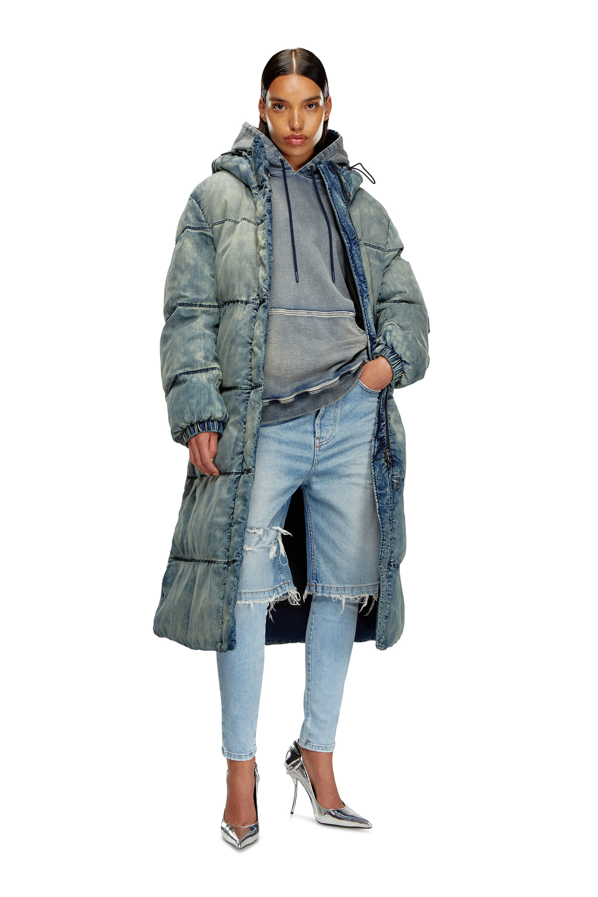 Women s Hooded puffer coat in stretch denim Blue Diesel