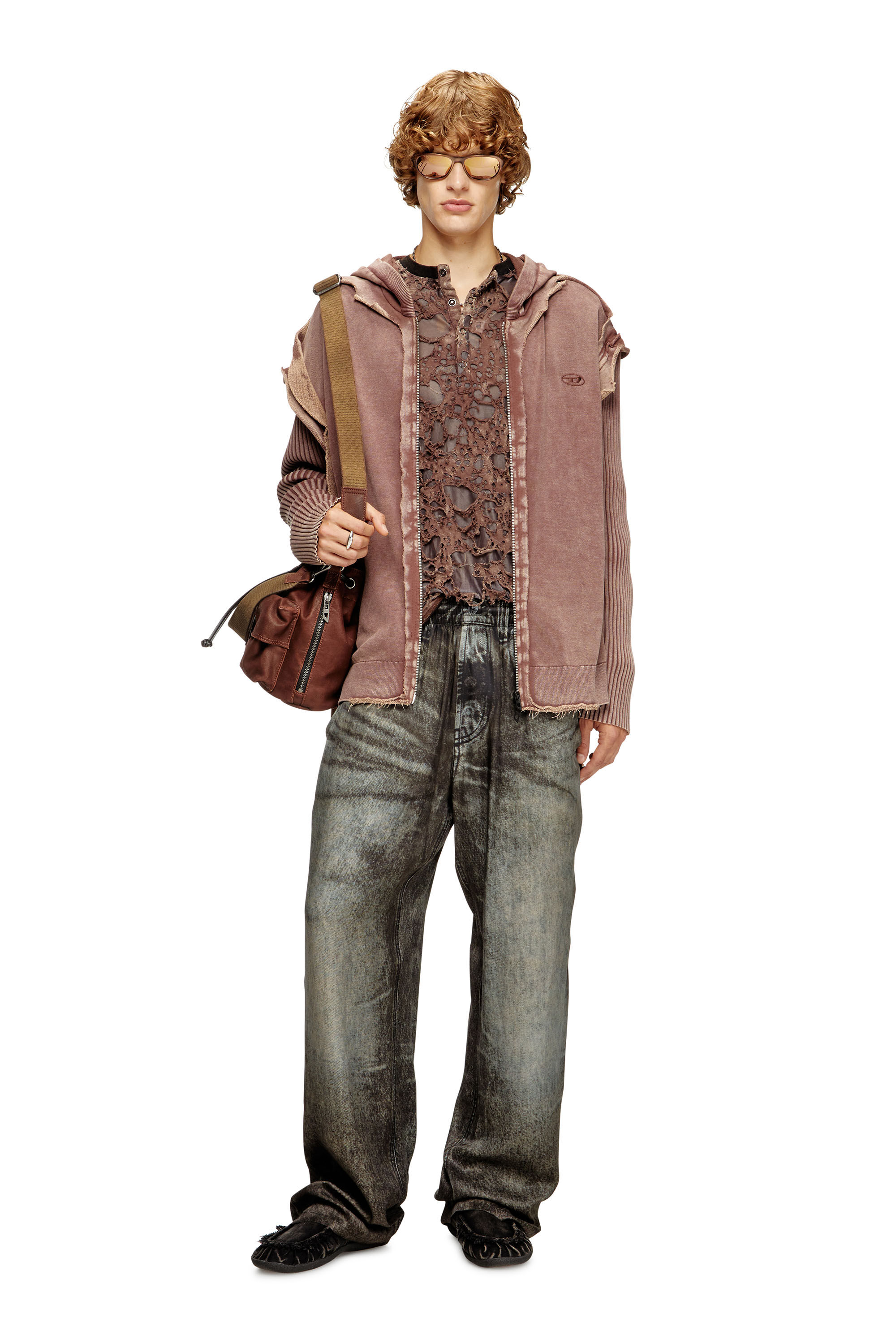 Diesel - K-PELTO, Man's Zip-up hoodie with destroyed effect in Brown - 1