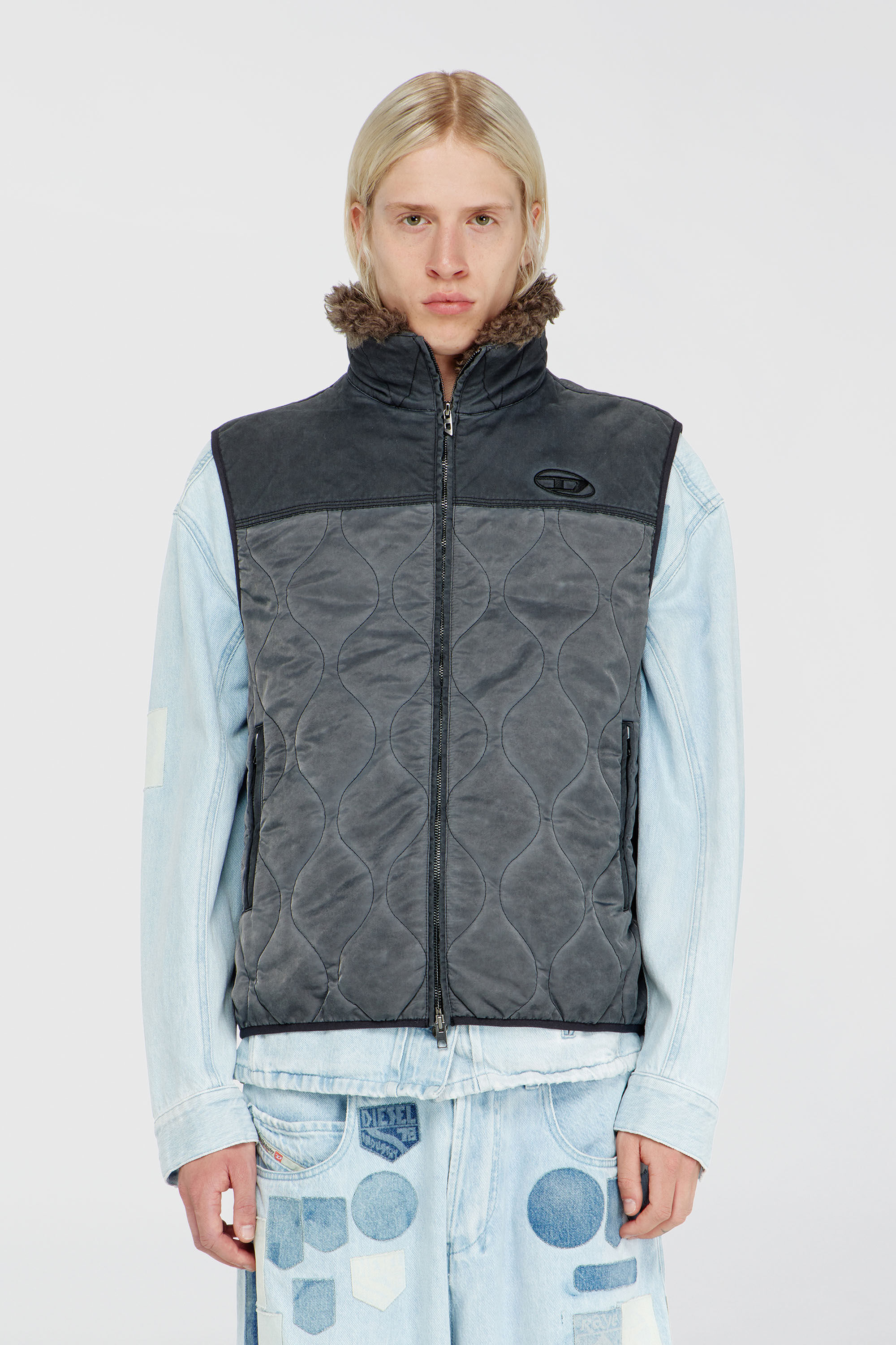 Men's Quilted vest with fluffy neck lining | Grey | Diesel TR