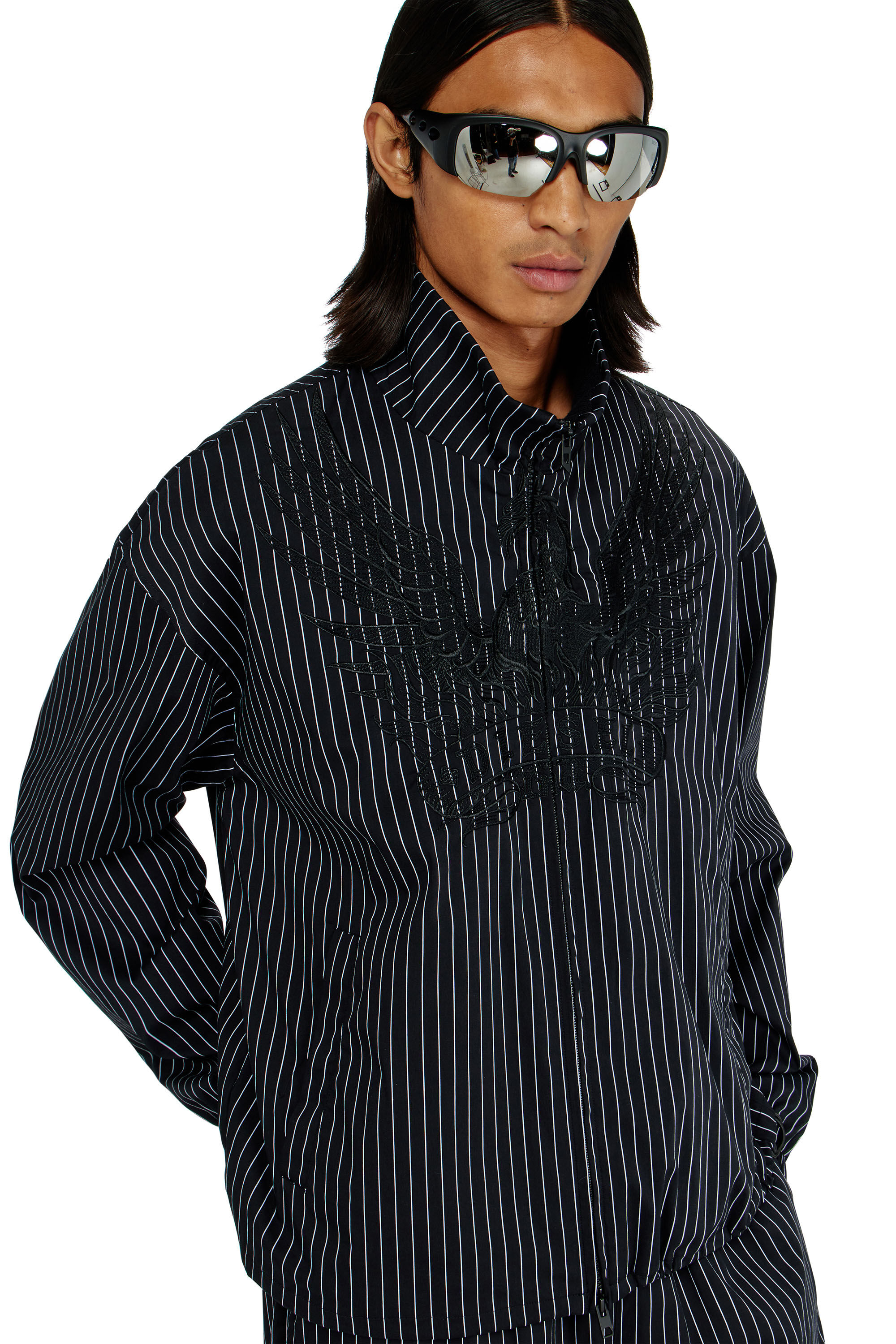 Men's Nylon pinstripe Jacket with Phoenix embroidery | Black | Diesel