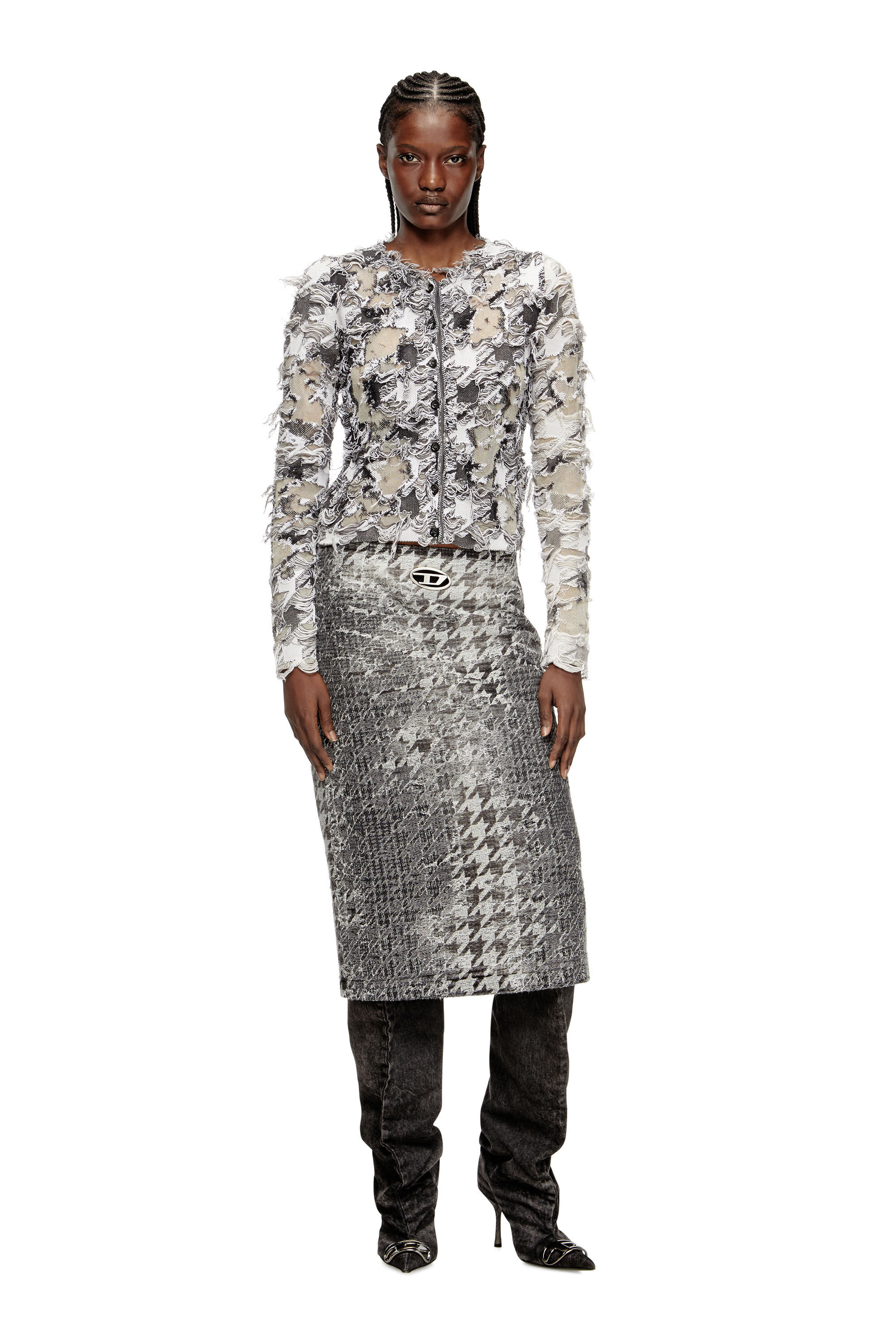 Diesel - M-SIBYLLA, Woman's Cardigan in devoré houndstooth jacquard in Black/White - 1