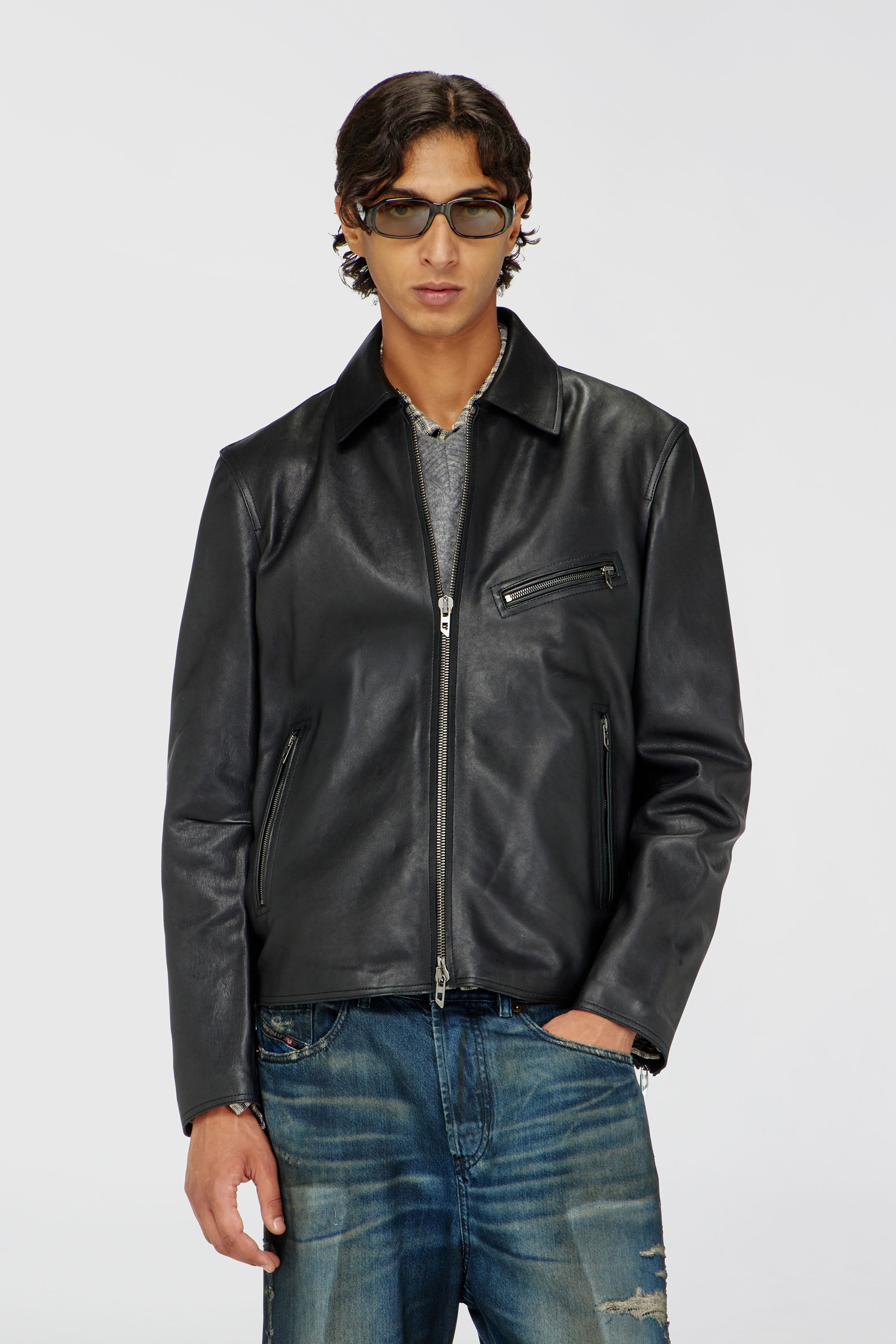 Men's Leather jacket with embossed Oval D | Black | Diesel TR