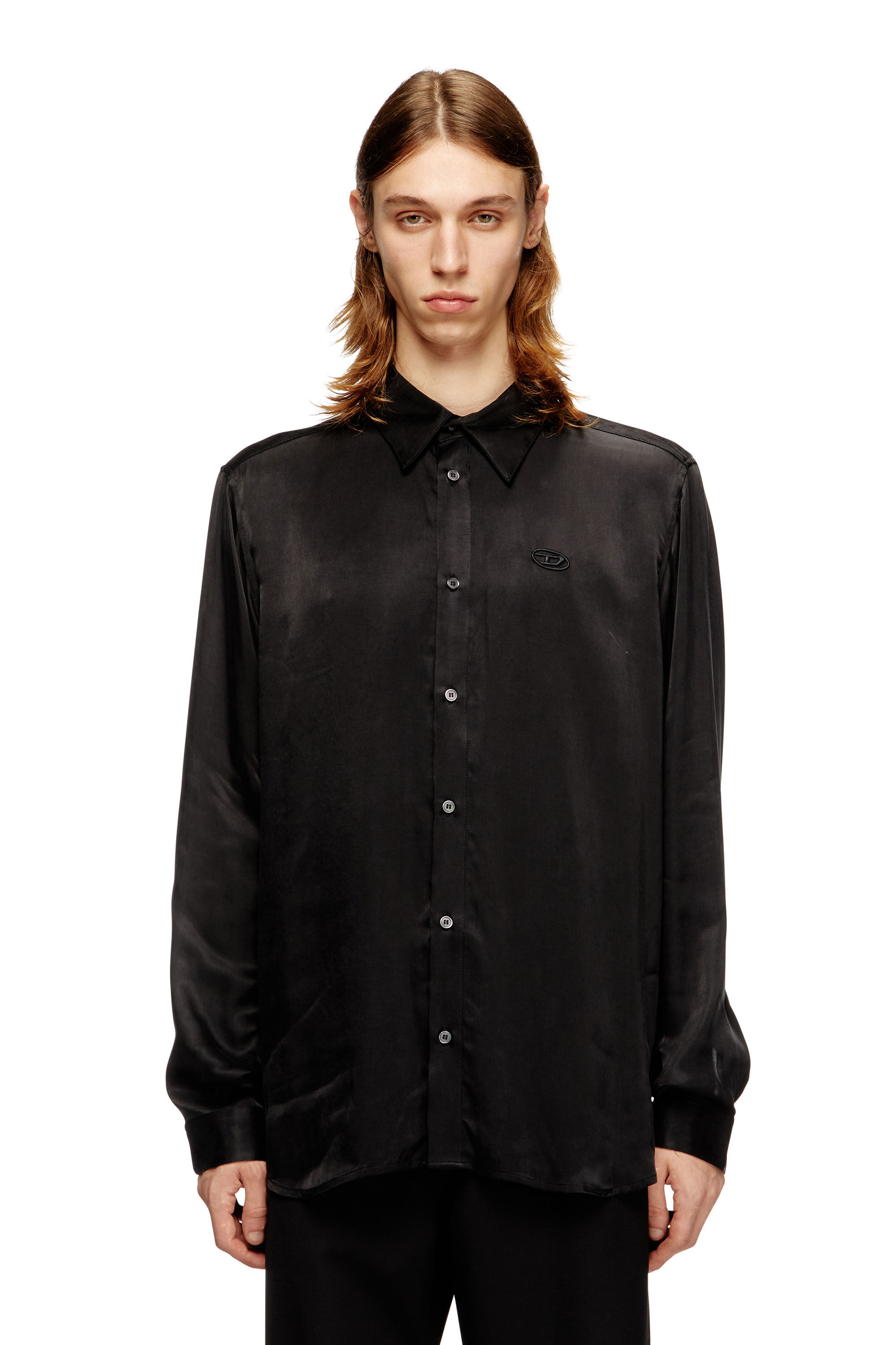 Men's Cupro shirt with embroidered logo | Black | Diesel