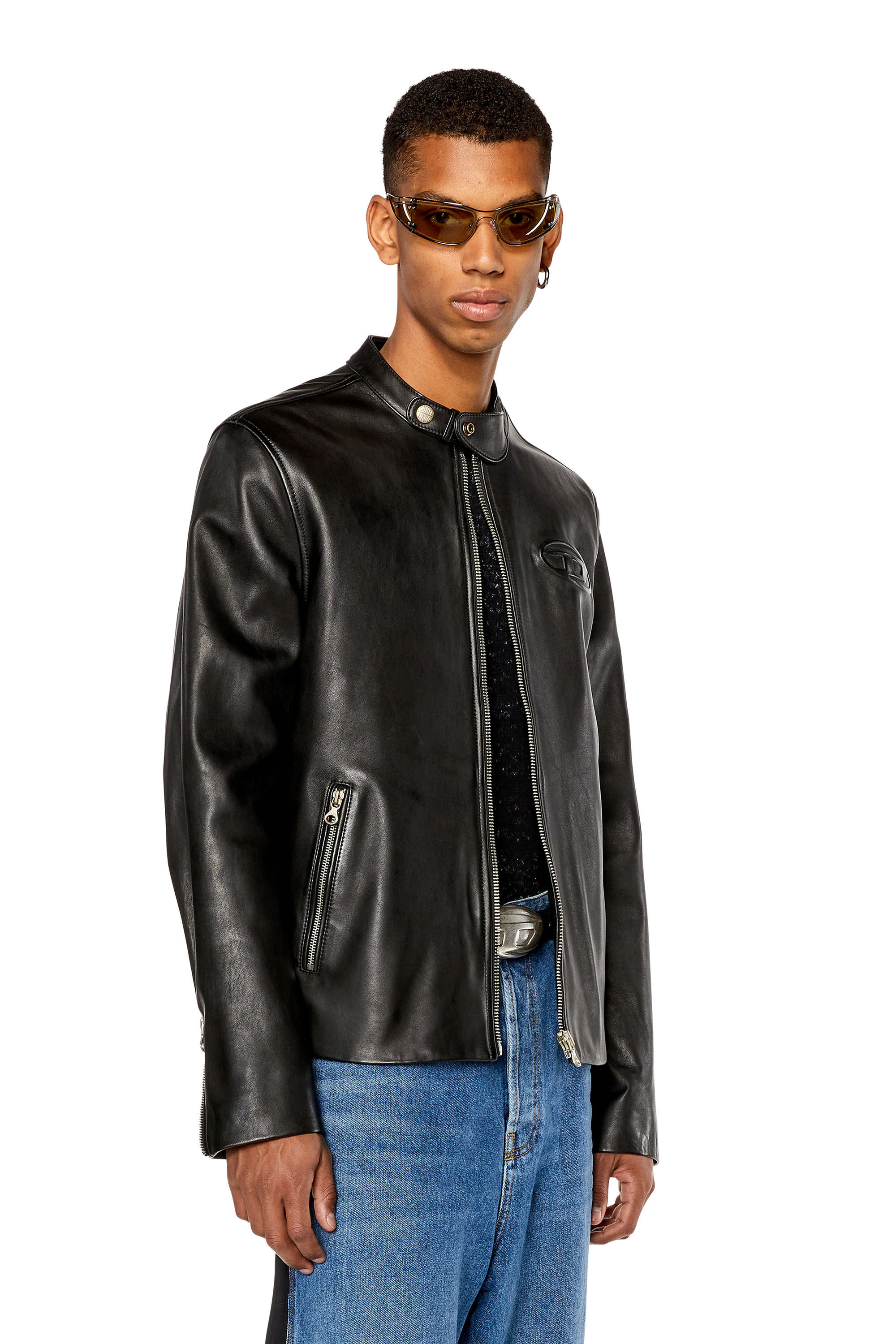 Men's Leather biker jacket with distressed logo | L-METALO Diesel