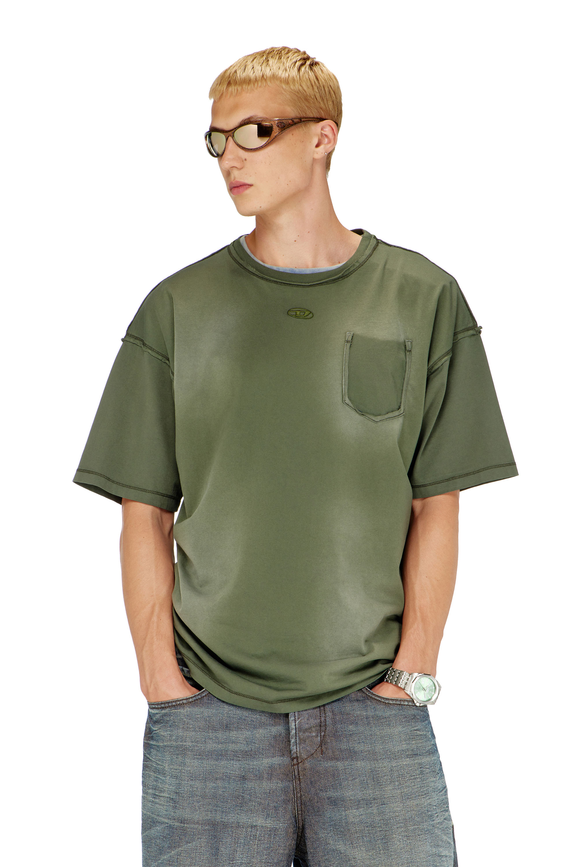 Diesel - T-POCK, Man's Faded T-shirt with ripped pocket detail in Green - 1