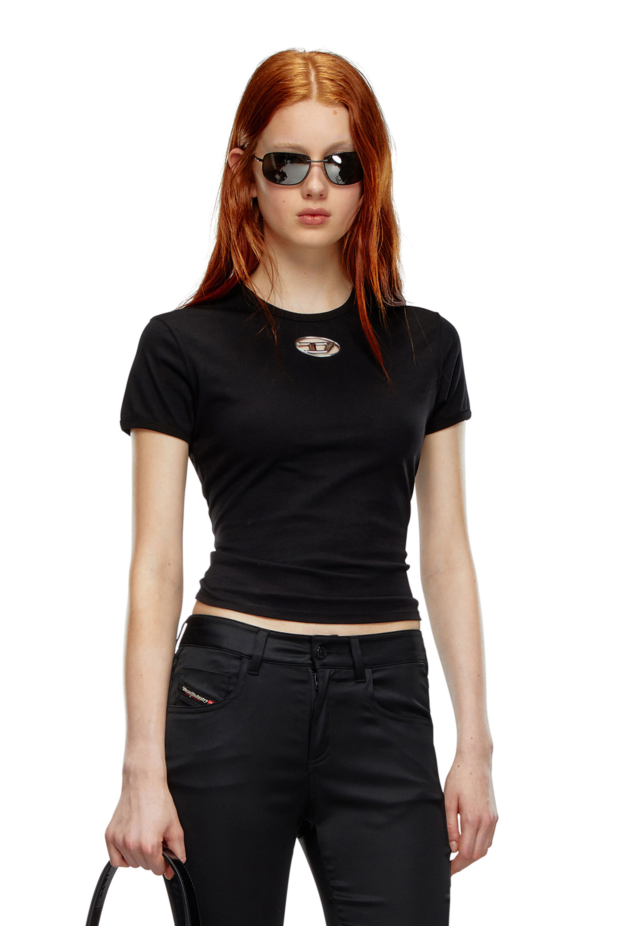 Diesel - T-UNCUTIE-LONG-OD, Woman T-shirt with injection-moulded Oval D in Black - Image 1
