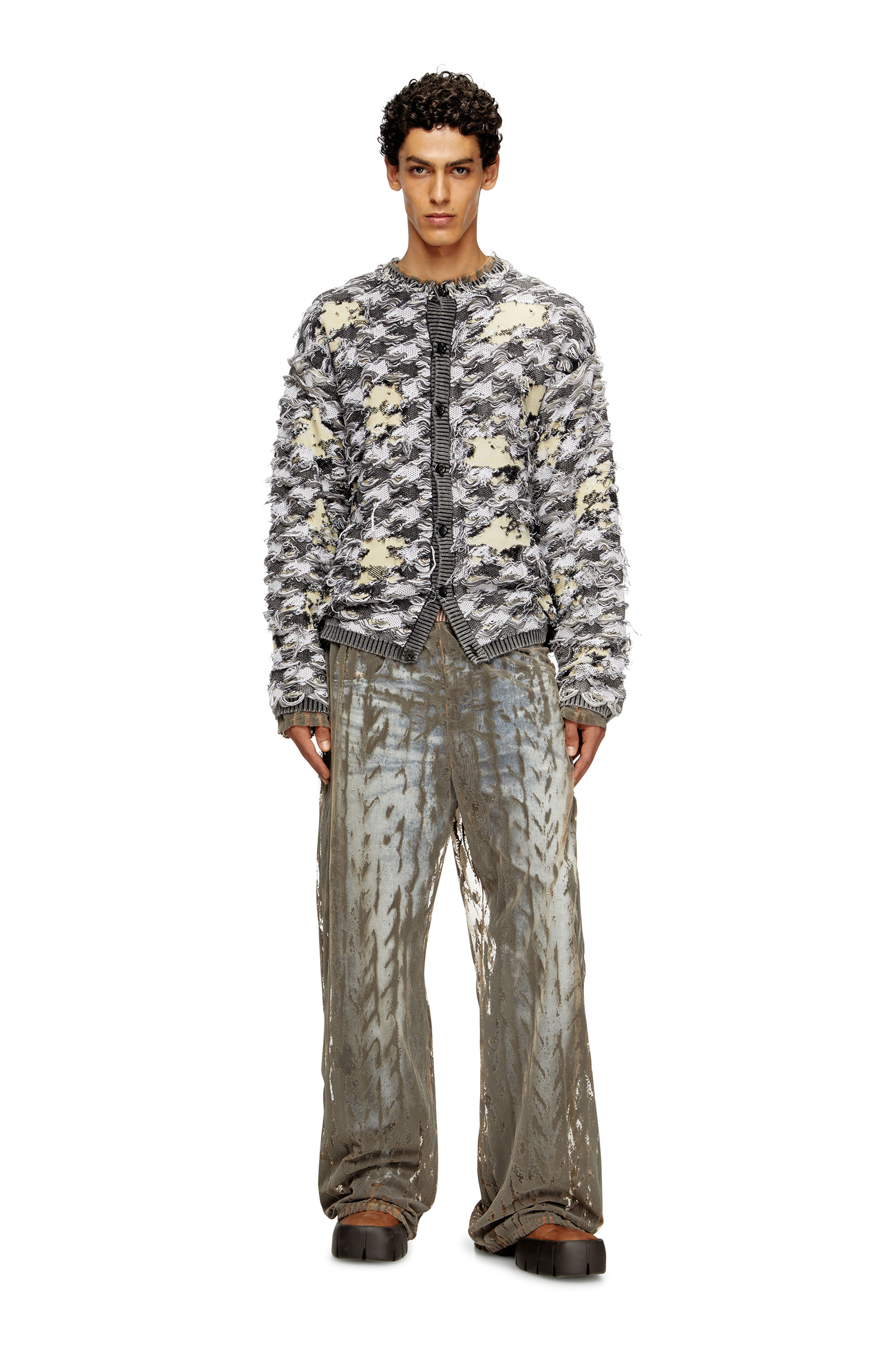 Diesel - K-VALBOR, Man's Cardigan in devoré houndstooth jacquard in Black/White - 2