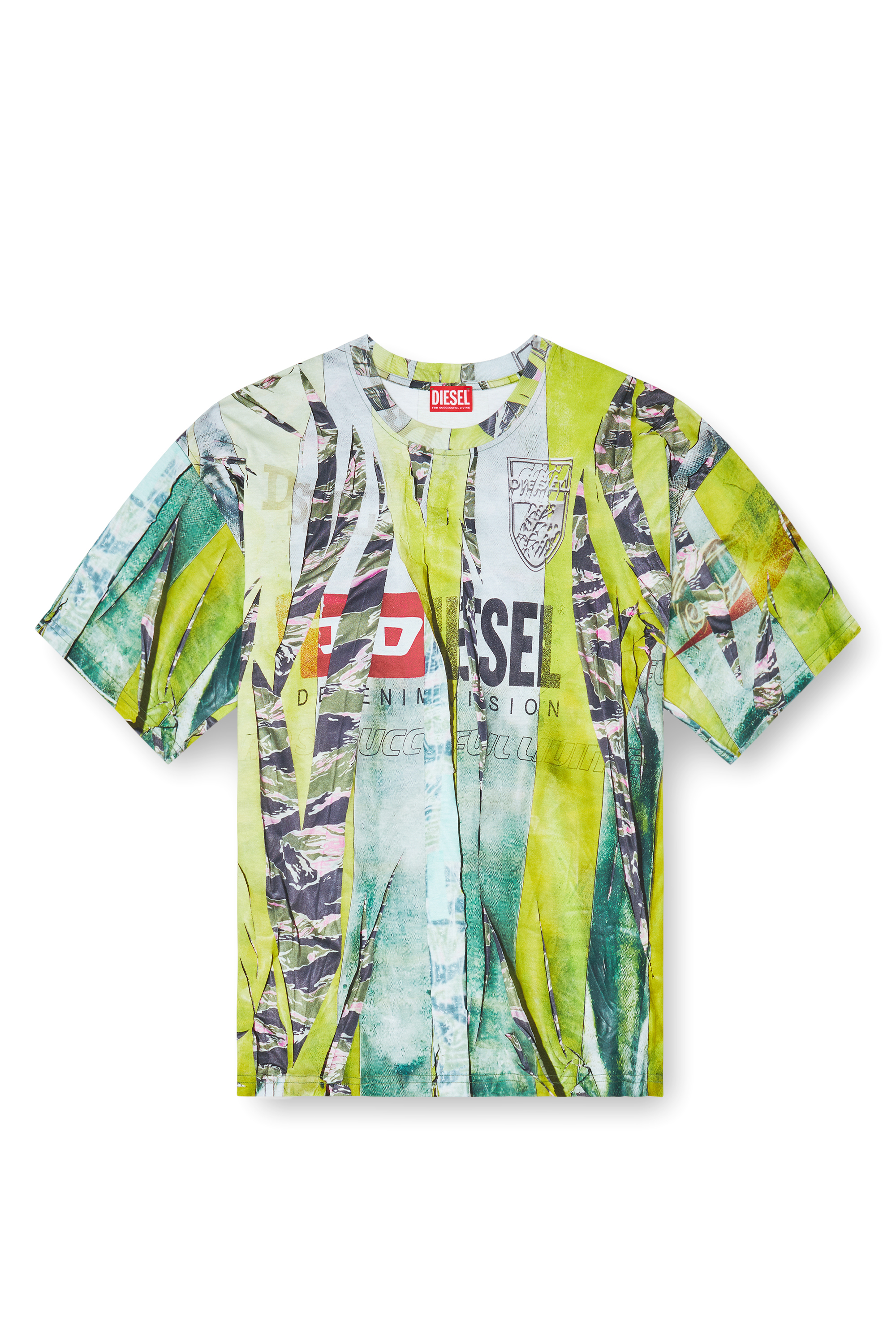 Diesel - T-BOXT-R13, Man's T-shirt with trompe l'oeil cracked print in Green/Yellow - 3