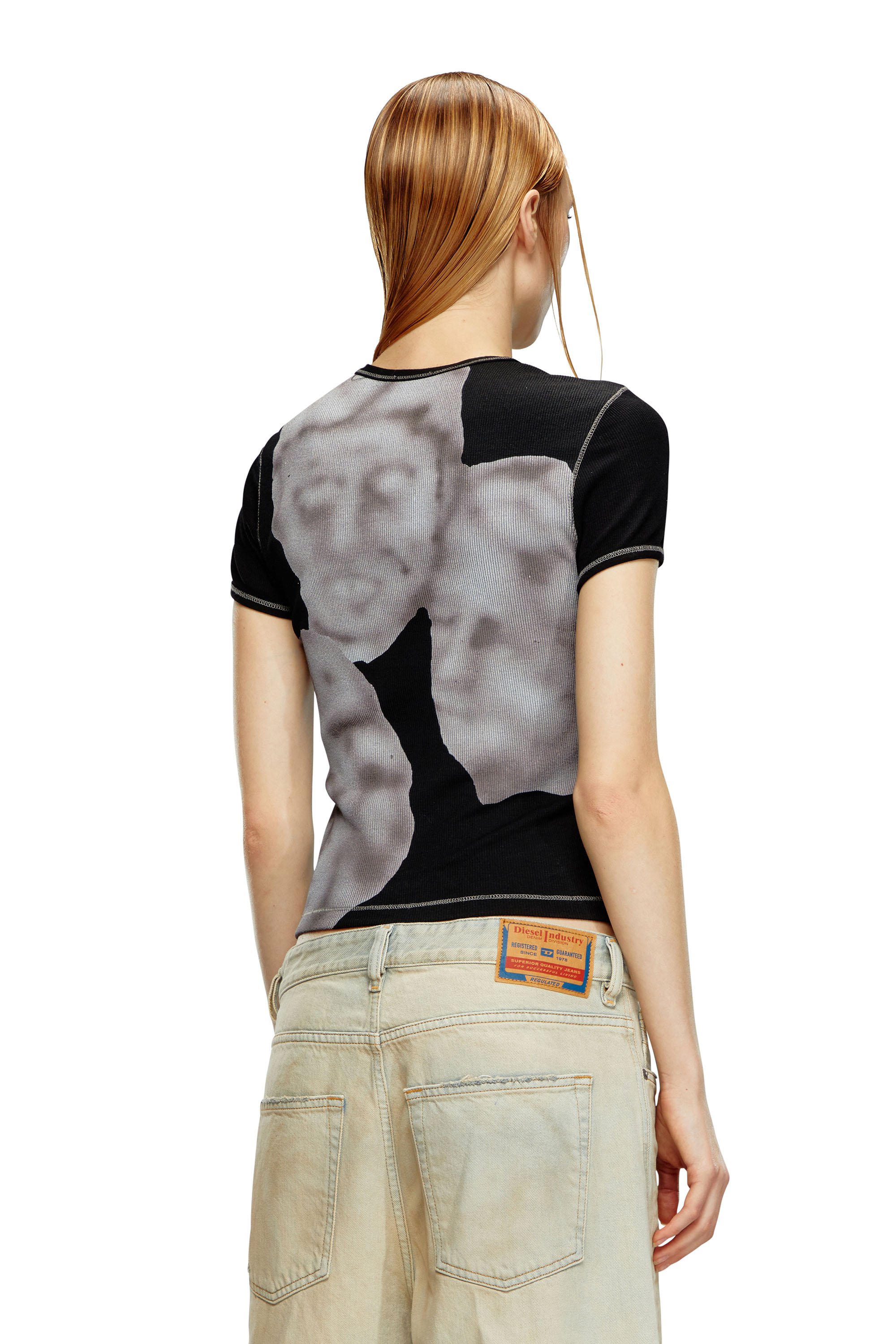 Diesel - T-ELE-LONG, Woman's Ribbed T-shirt with airbrush print in Black - 4