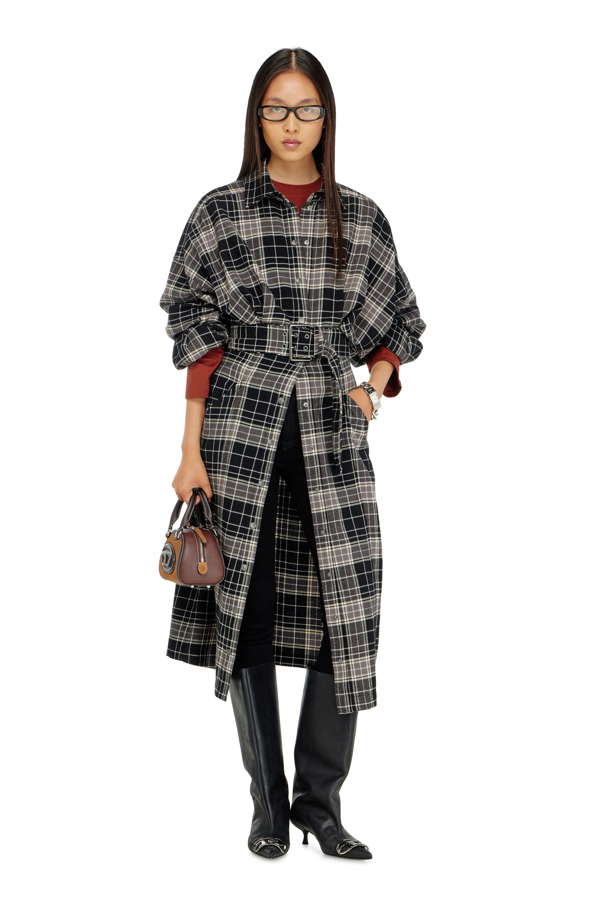 Diesel - D-EDALUS, Woman's Midi dress in check flannel with wide belt in Grey/Black - 1