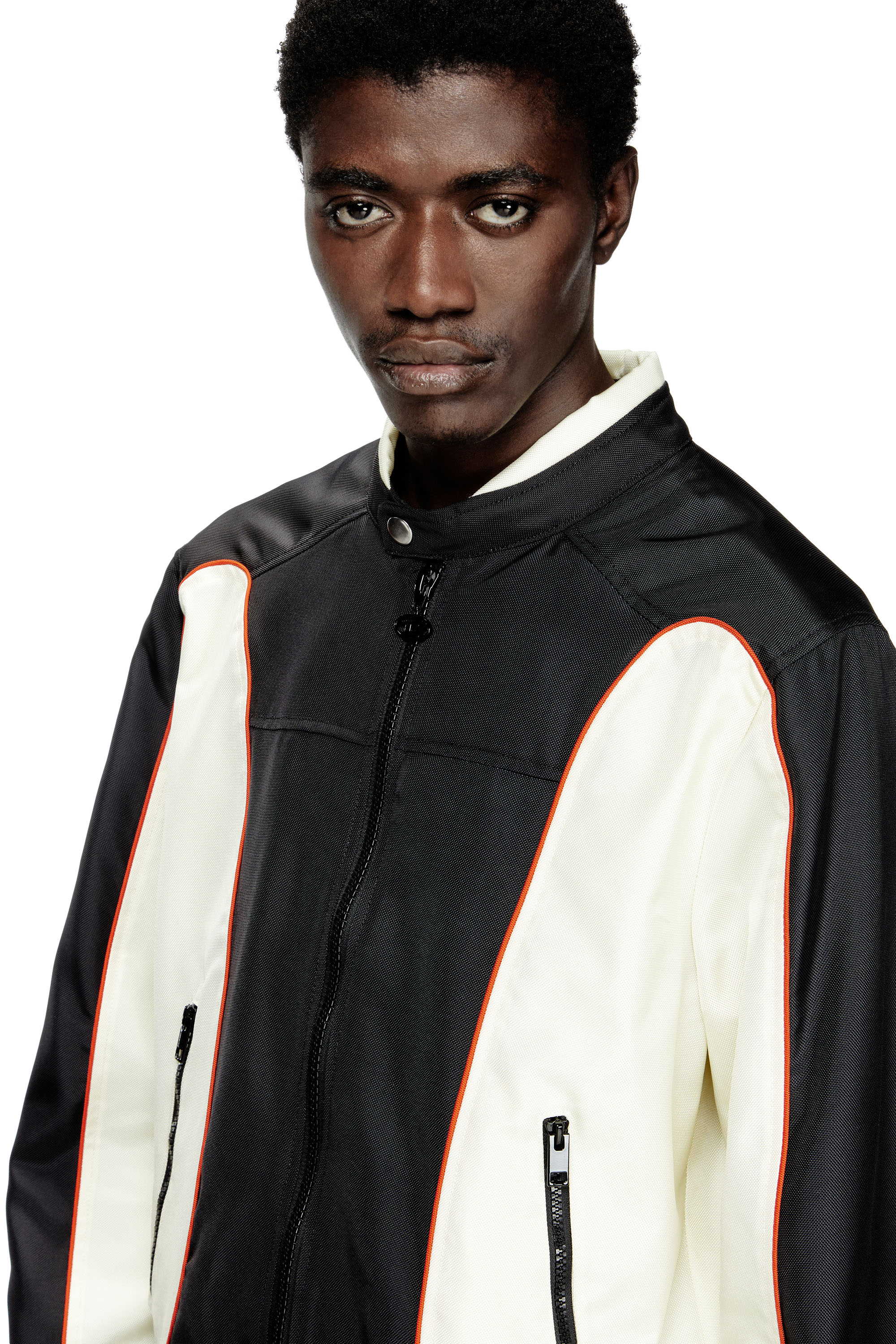 Diesel - J-BLINK-A, Man's Colour-block biker jacket with piping in White/Black - 5
