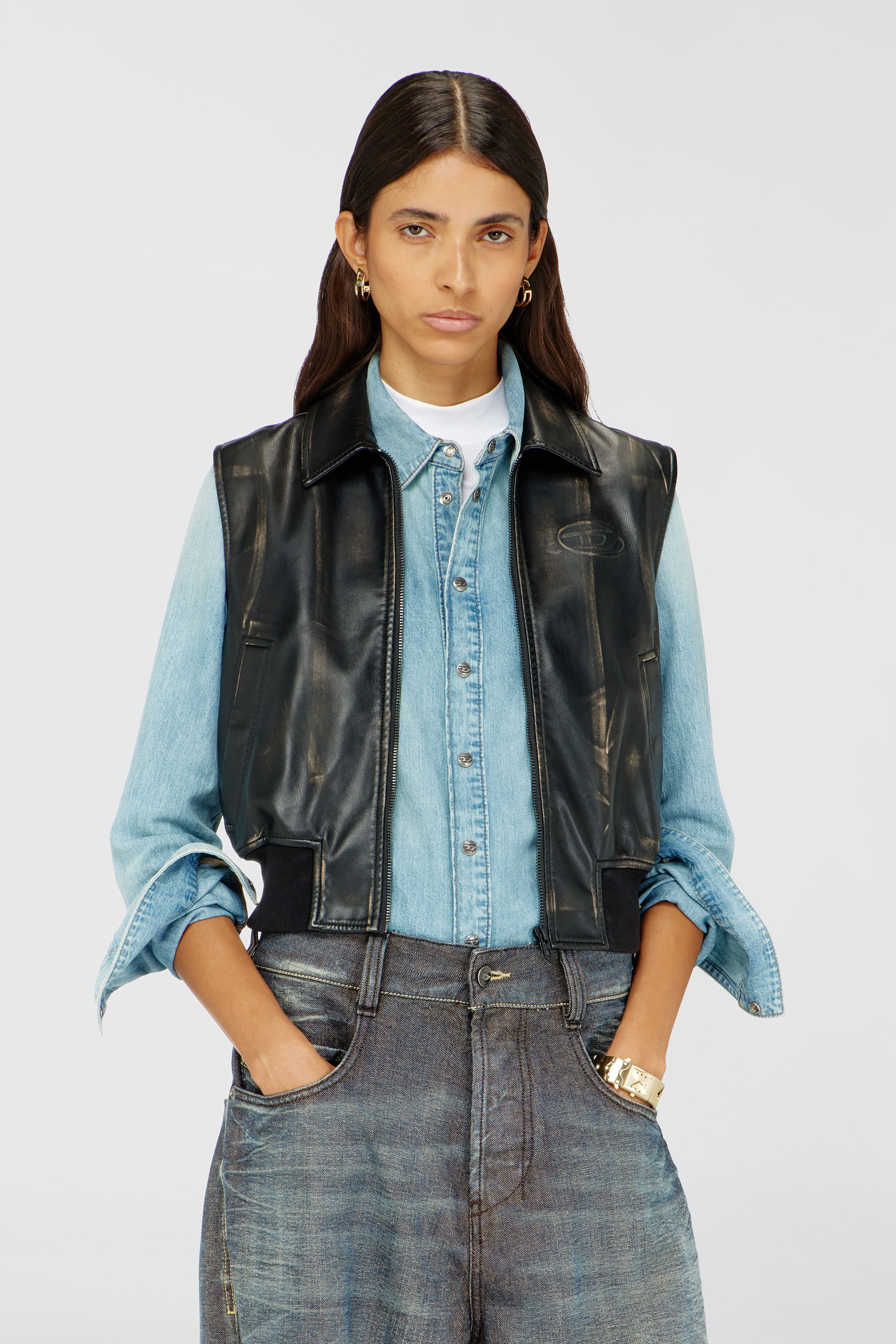Diesel - G-INKO, Woman's Bomber vest with distressed effect in Brown - 3