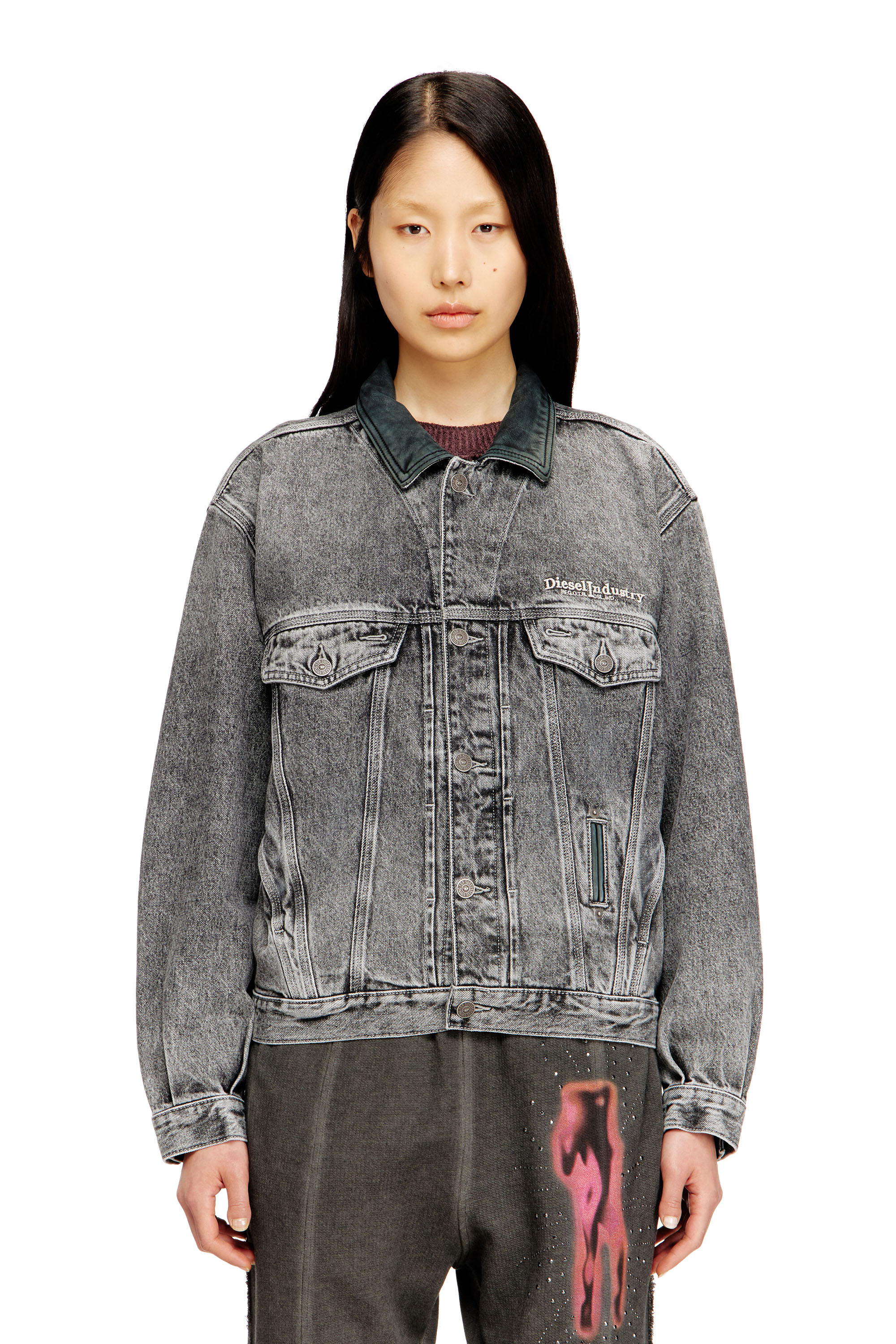 Diesel - D-DENVER-S, Unisex's Denim trucker jacket with tonal leather trims in null - 1