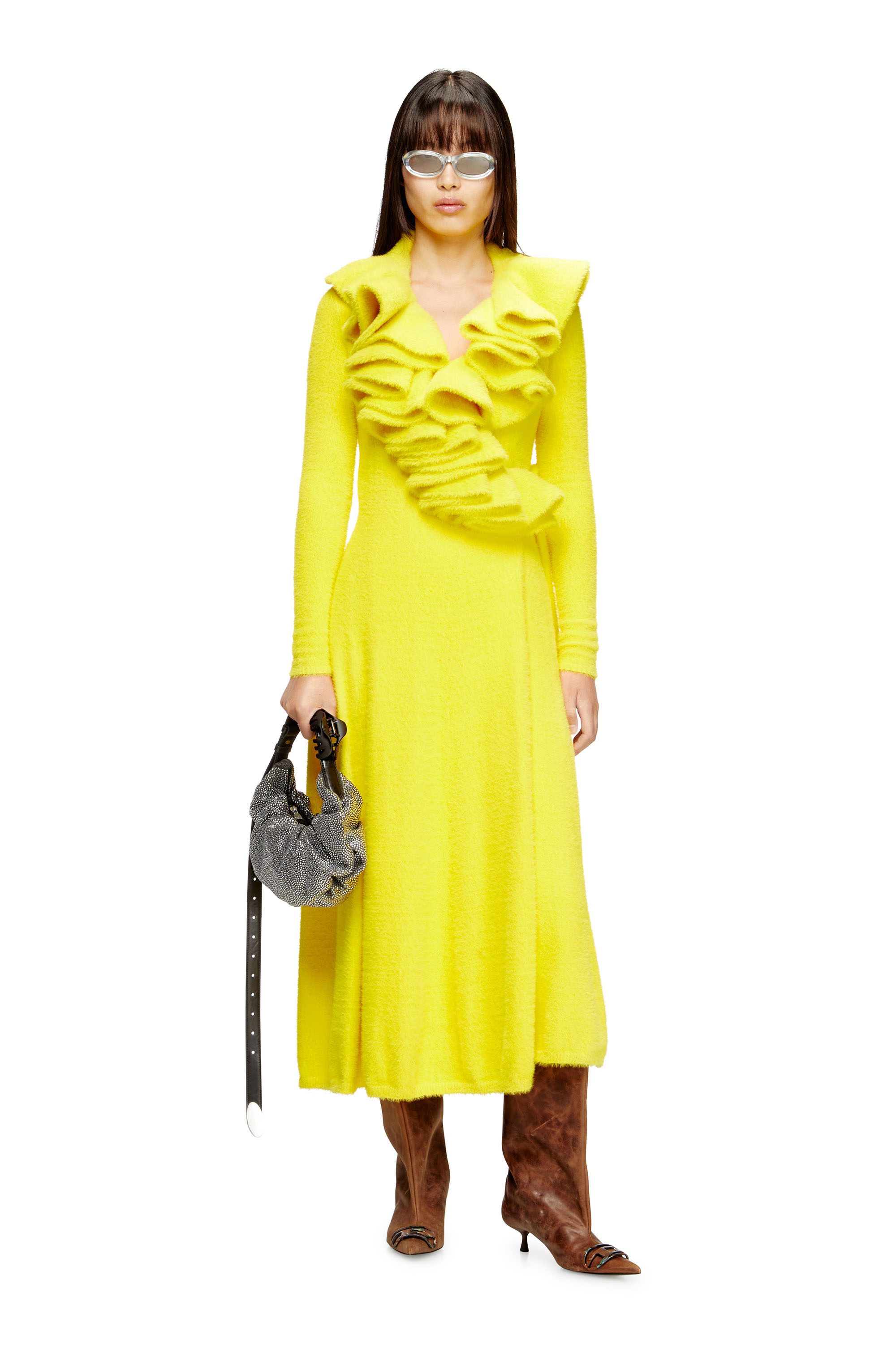 Diesel - M-INGELINA, Woman's Fluffy midi dress with ripple neck in Yellow - 2