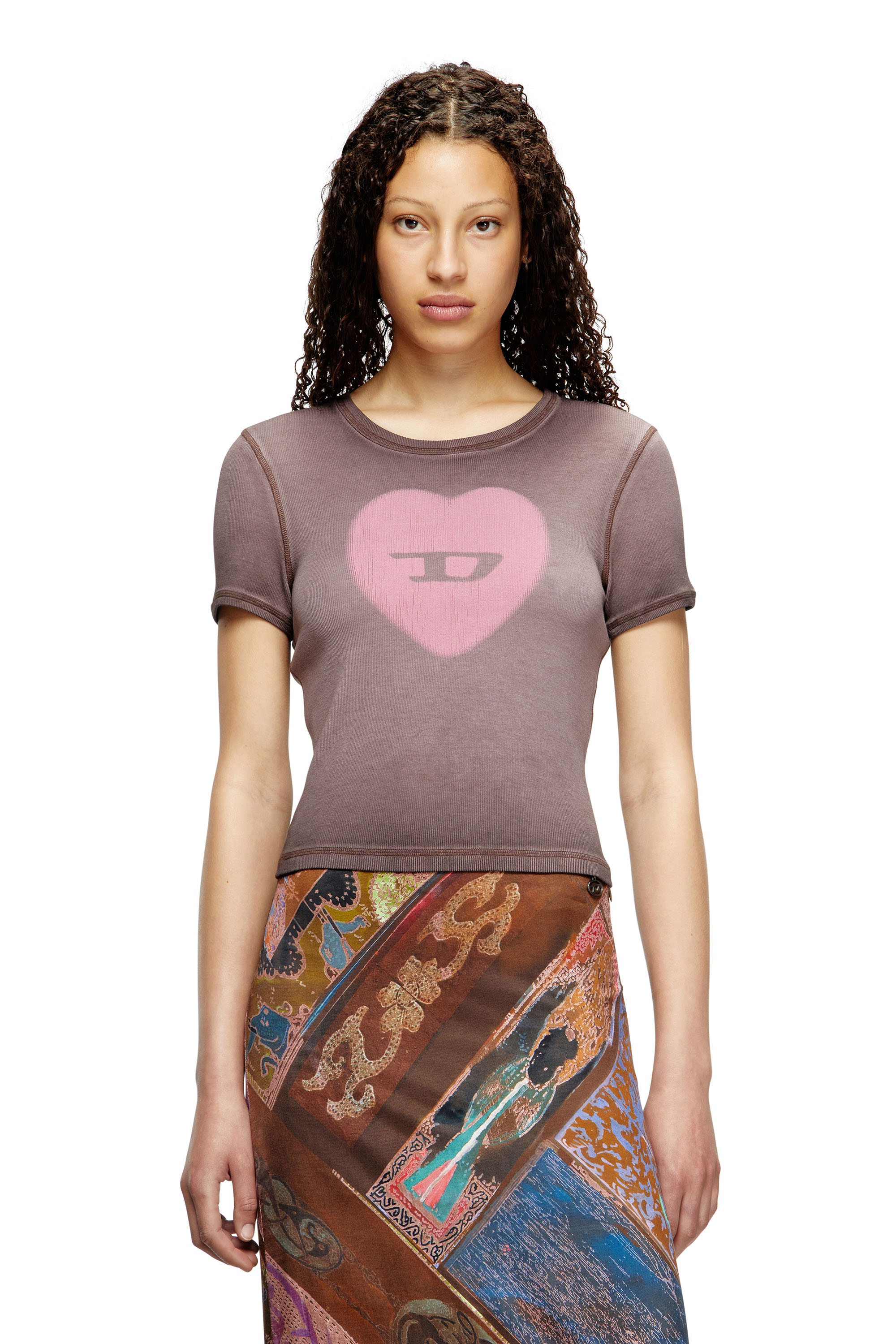 Diesel - T-ELE, Woman's Ribbed T-shirt with watercolour heart D in Violet - 1